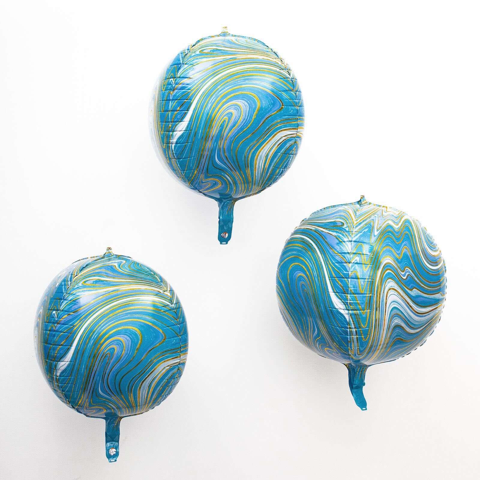 3 Pack 13" 4D Blue Gold Marble Sphere Foil Helium or Air Balloons - Linen Luxes