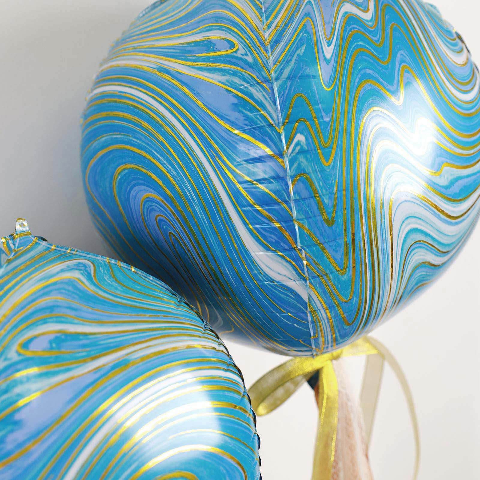 3 Pack 13" 4D Blue Gold Marble Sphere Foil Helium or Air Balloons - Linen Luxes