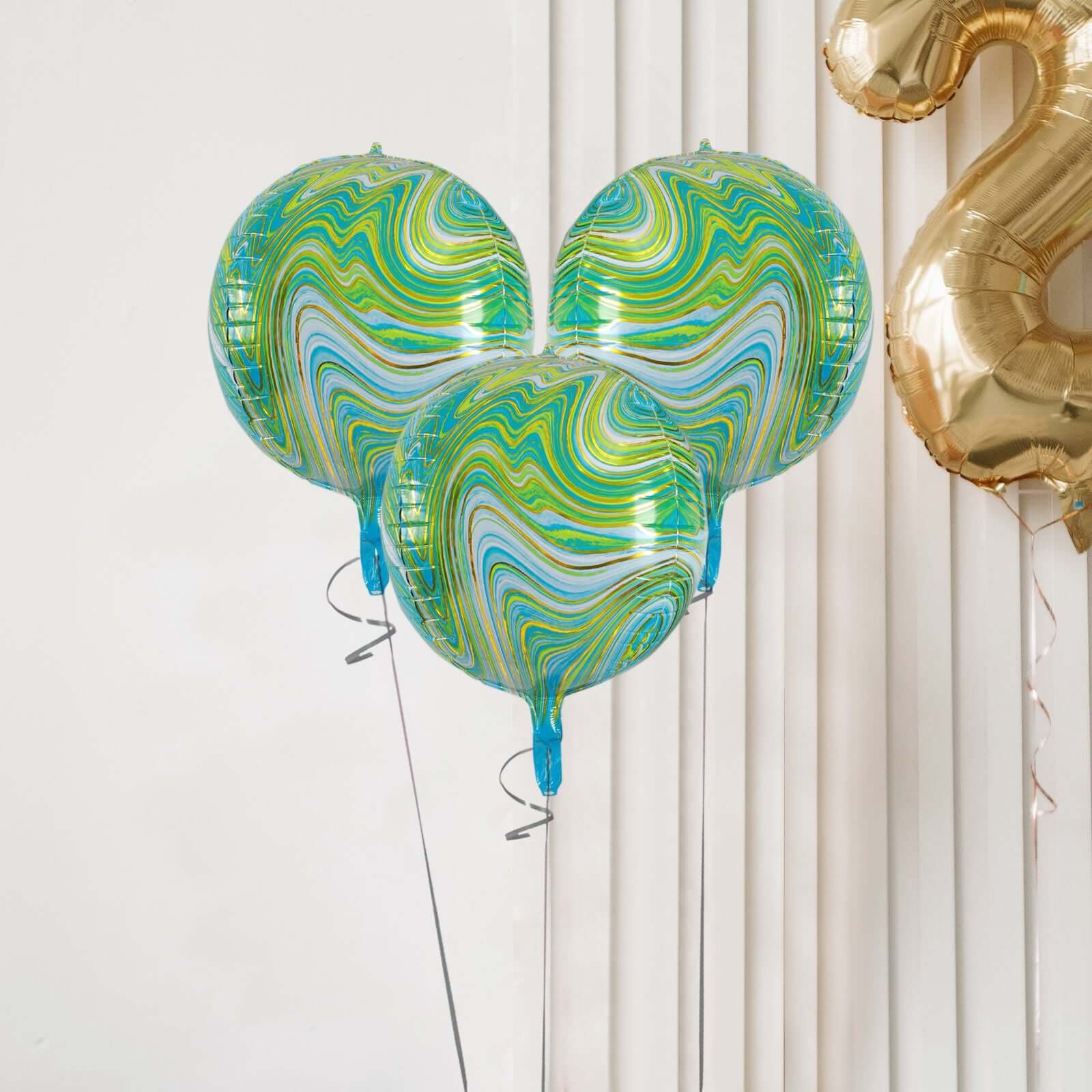 3 Pack 13" Green Gold Marble Orbz Foil Balloons, 4D Sphere Mylar Balloons - Linen Luxes