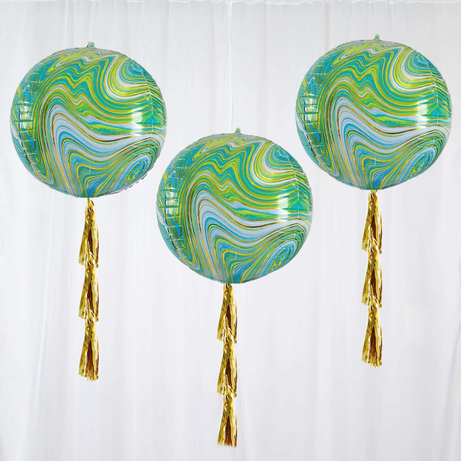 3 Pack 13" Green Gold Marble Orbz Foil Balloons, 4D Sphere Mylar Balloons - Linen Luxes