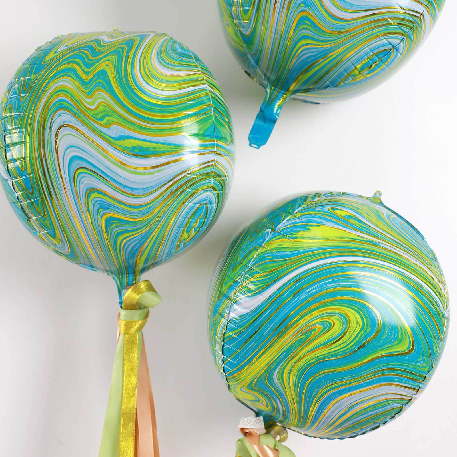 3 Pack 13" Green Gold Marble Orbz Foil Balloons, 4D Sphere Mylar Balloons - Linen Luxes