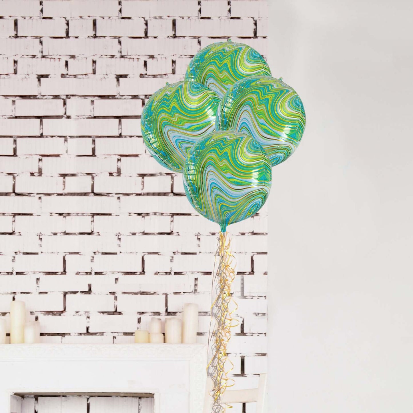 3 Pack 13" Green Gold Marble Orbz Foil Balloons, 4D Sphere Mylar Balloons - Linen Luxes