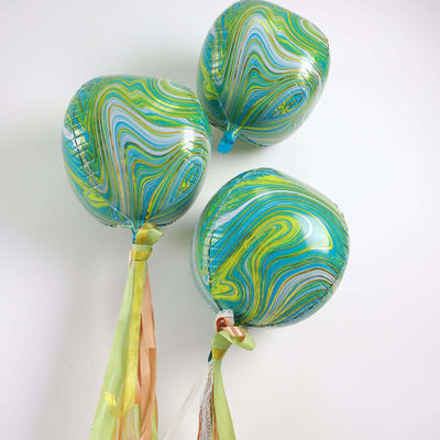 3 Pack 13" Green Gold Marble Orbz Foil Balloons, 4D Sphere Mylar Balloons - Linen Luxes