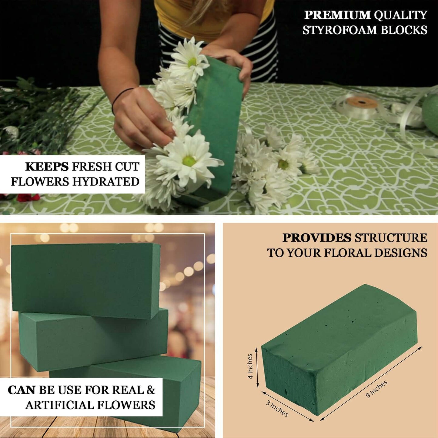 3 Pack Green Wet Floral Foam Bricks, Flower Arrangement Foam Blocks - Linen Luxes