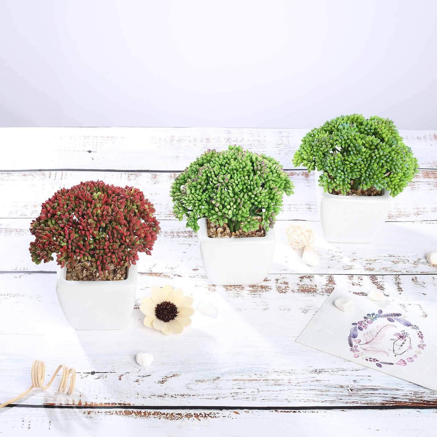 3 - Pack Joy Sedum Artificial Succulents in Ceramic Pots - Lifelike Decorative Faux Plants for Home Office & Event Design 6" - Linen Luxes