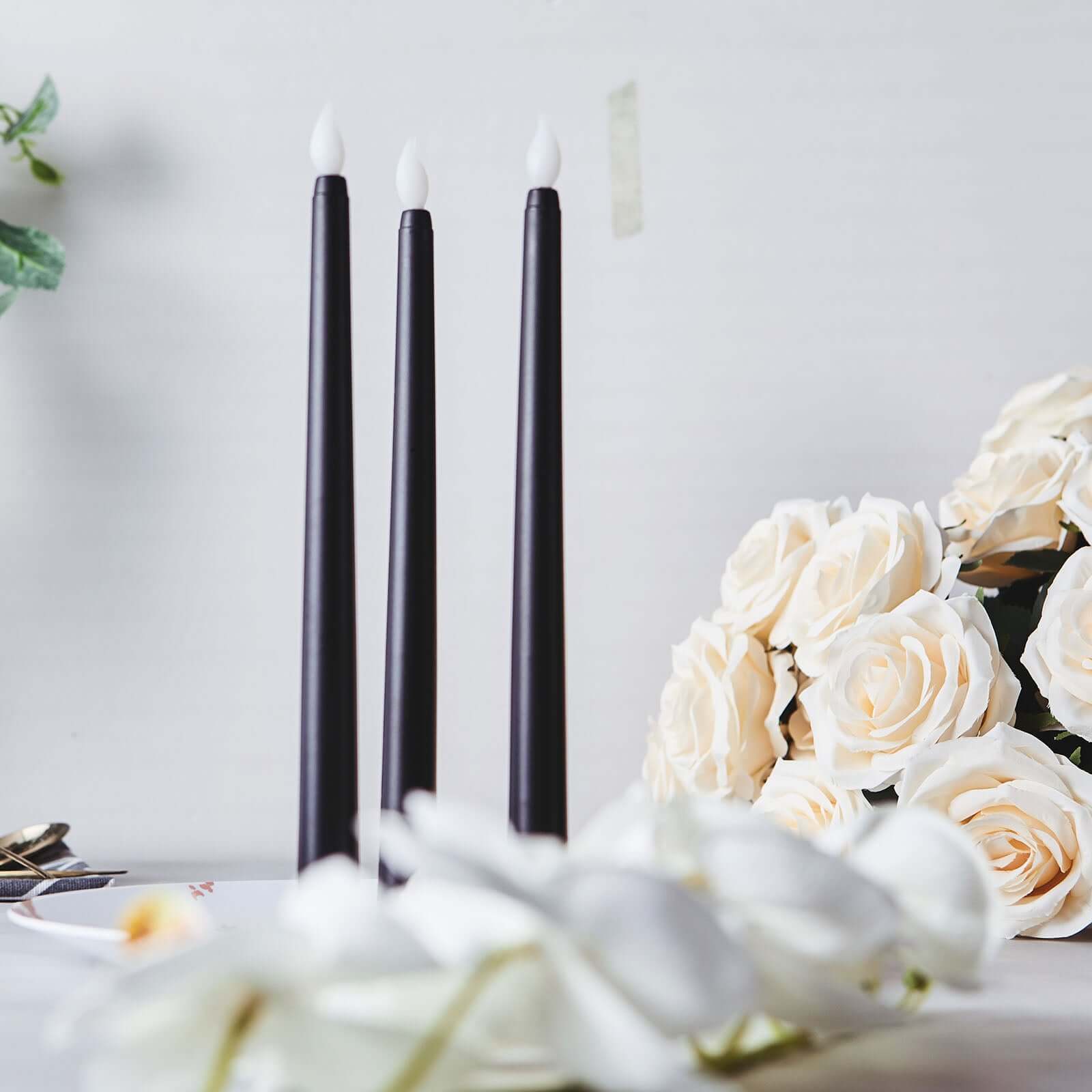 3 - Pack LED Decorative Lighting Warm Flickering Black - Flameless Taper Candles 11" - Linen Luxes