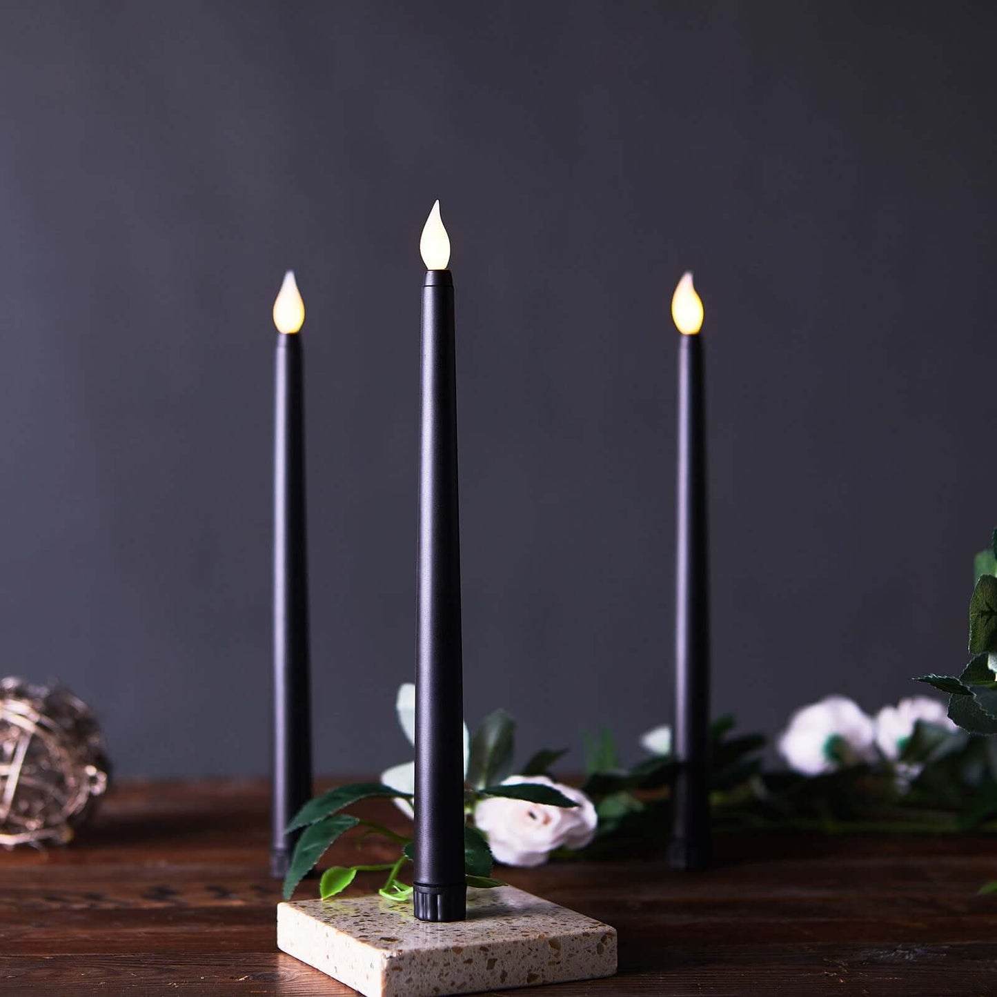 3 - Pack LED Decorative Lighting Warm Flickering Black - Flameless Taper Candles 11" - Linen Luxes