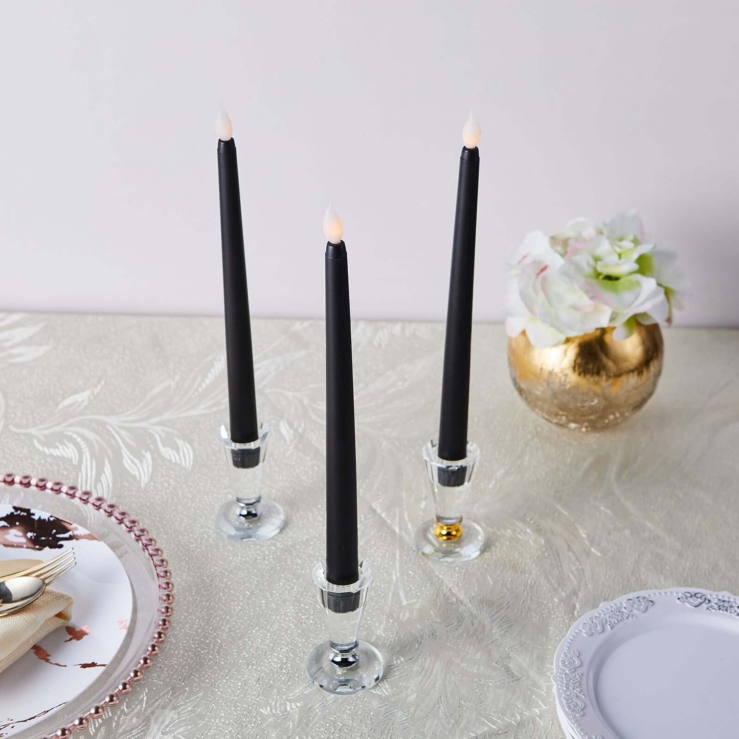 3 - Pack LED Decorative Lighting Warm Flickering Black - Flameless Taper Candles 11" - Linen Luxes