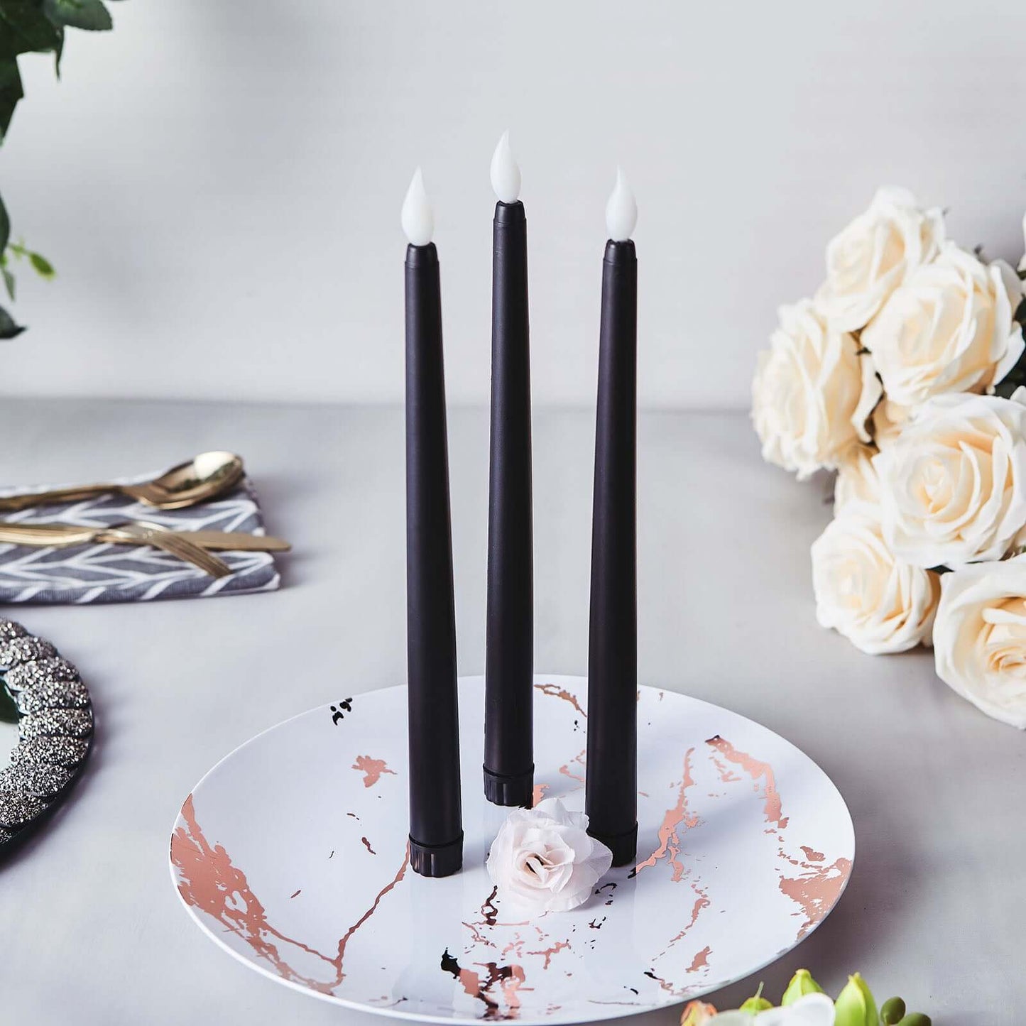 3 - Pack LED Decorative Lighting Warm Flickering Black - Flameless Taper Candles 11" - Linen Luxes