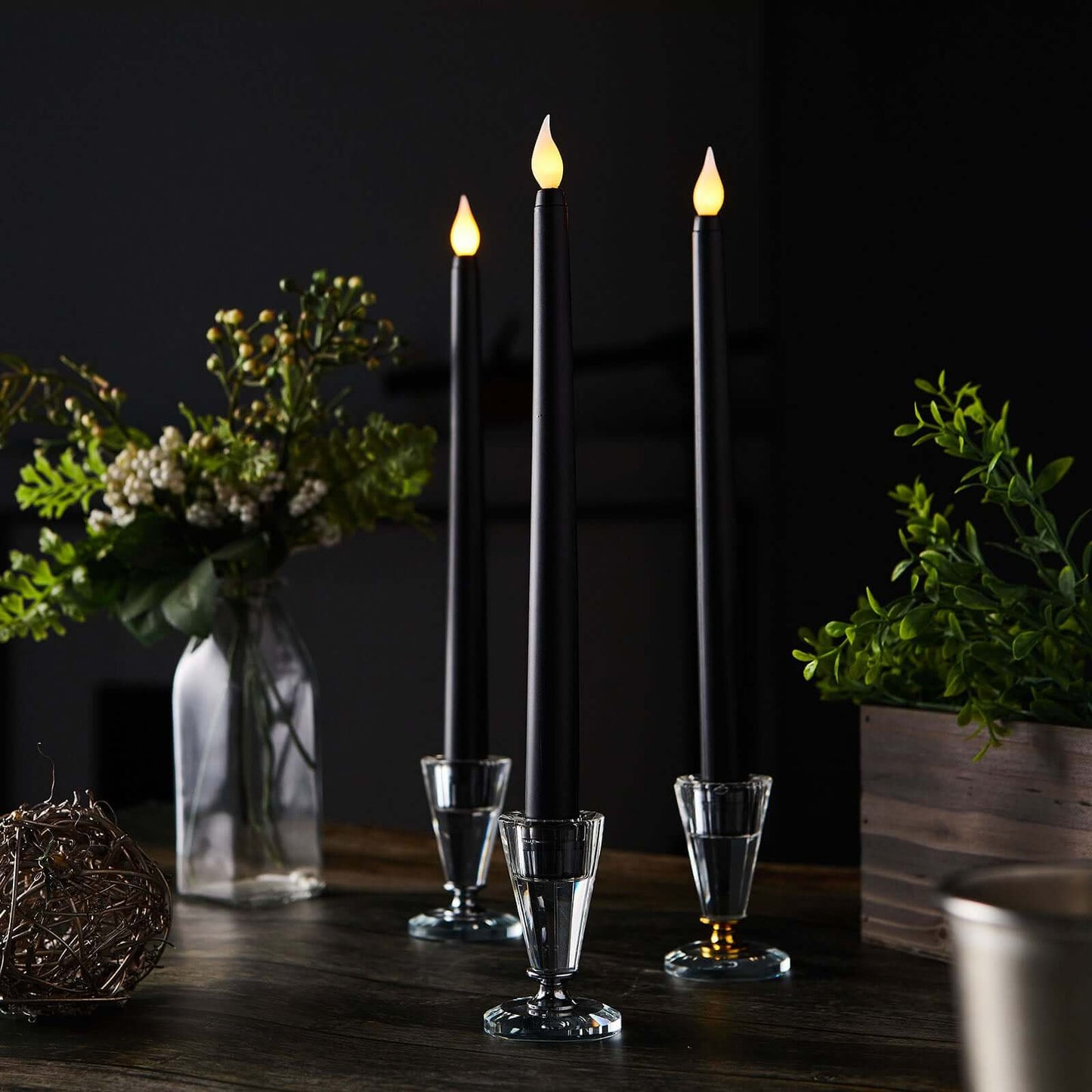 3 - Pack LED Decorative Lighting Warm Flickering Black - Flameless Taper Candles 11" - Linen Luxes
