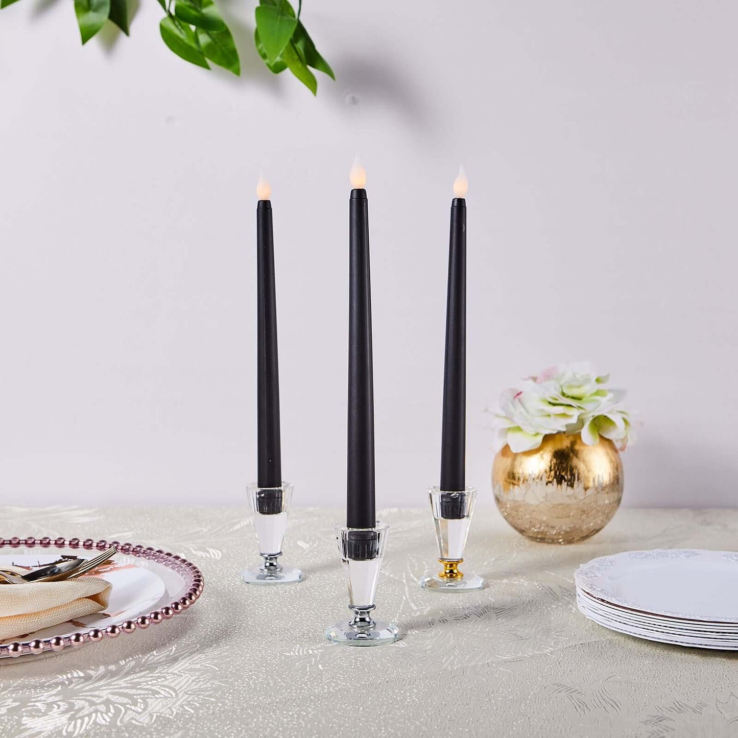 3 - Pack LED Decorative Lighting Warm Flickering Black - Flameless Taper Candles 11" - Linen Luxes