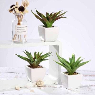 3 - Pack Spotted Aloe Vera Artificial Succulents in Ceramic Pot - Lifelike Decorative Faux Plants for Home Office & Event Design 5" - Linen Luxes