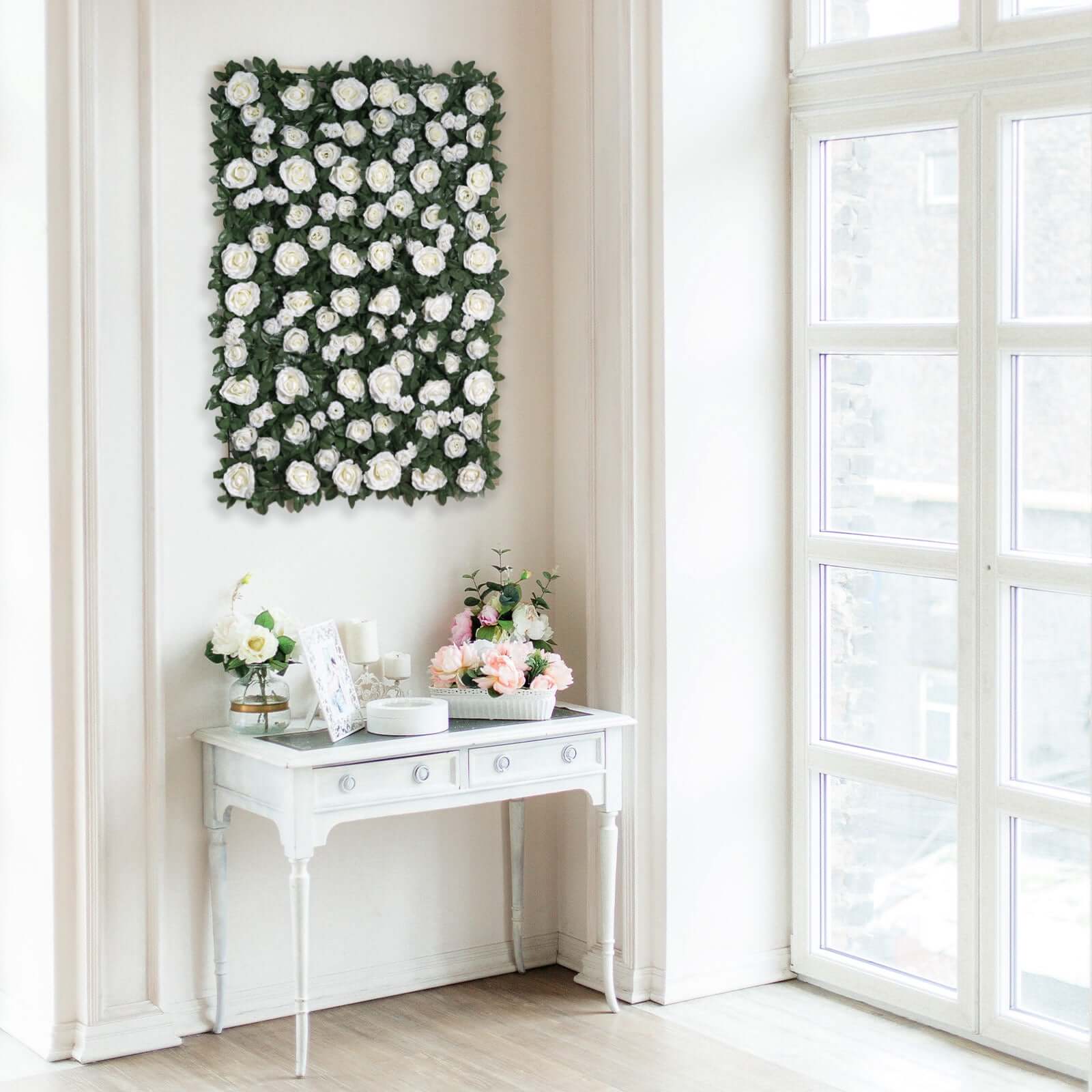 3 Sq ft. Easy - Install White Silk Rose Flower Mat Wall Panel Backdrop - Linen Luxes