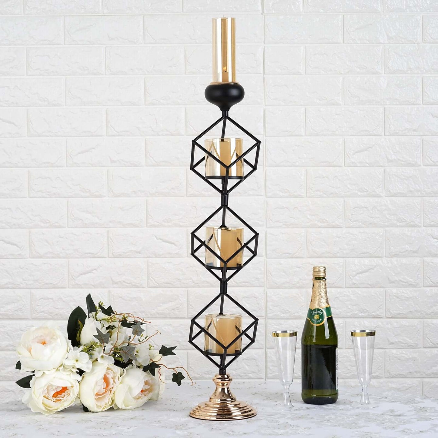 3 - Tier Candle Holder Black Geometric Design with Amber Glass Votives & Gold Trim - Modern Decor for Weddings 28" Tall - Linen Luxes