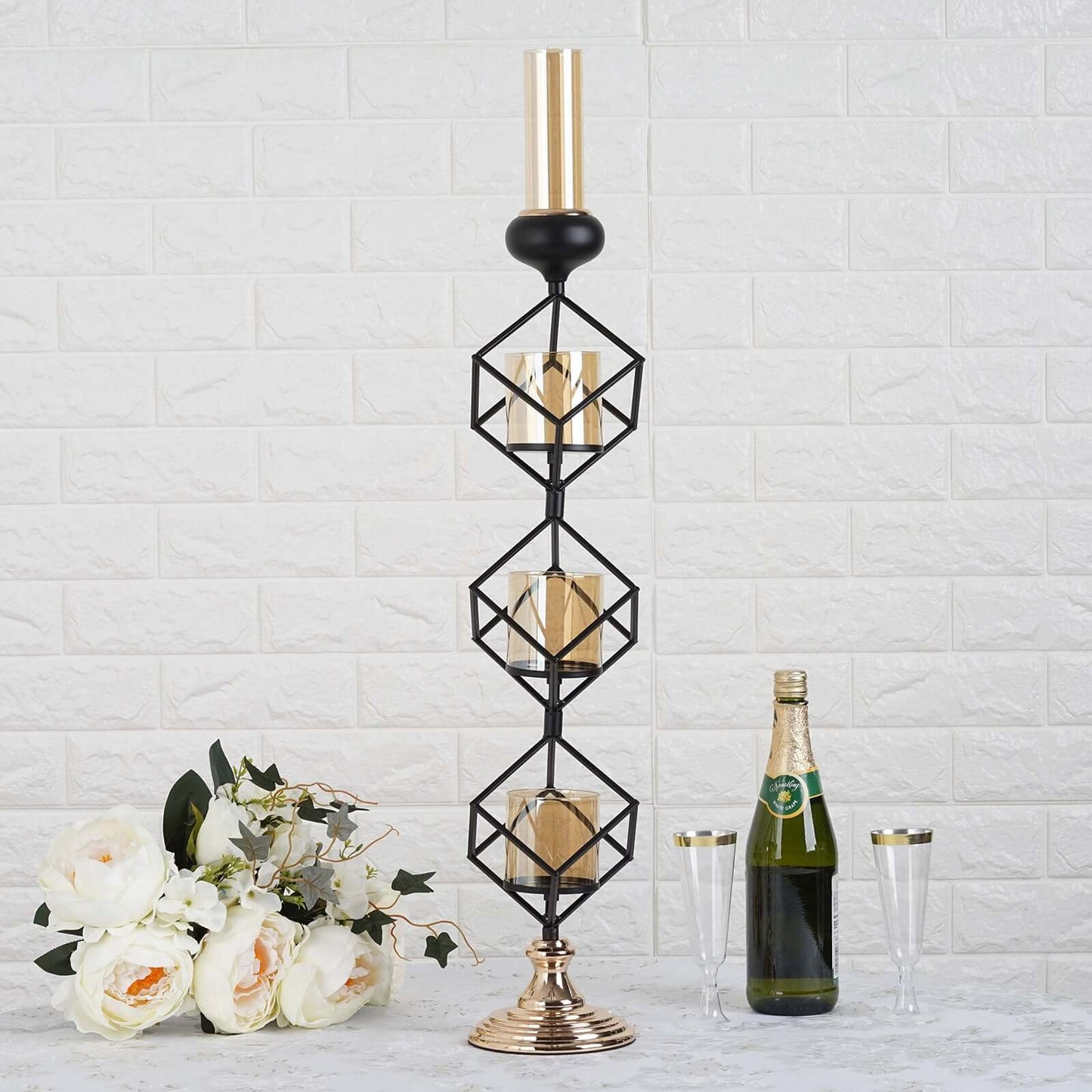 3 - Tier Candle Holder Black Geometric Design with Amber Glass Votives & Gold Trim - Modern Decor for Weddings 28" Tall - Linen Luxes