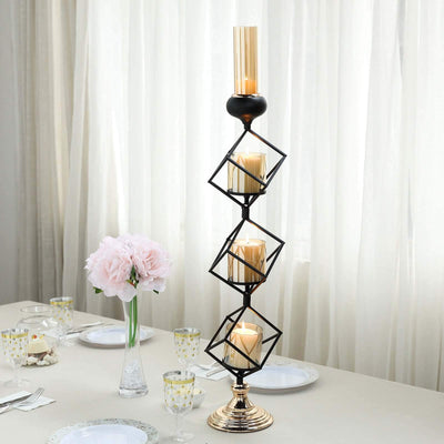 3 - Tier Candle Holder Black Geometric Design with Amber Glass Votives & Gold Trim - Modern Decor for Weddings 28" Tall - Linen Luxes