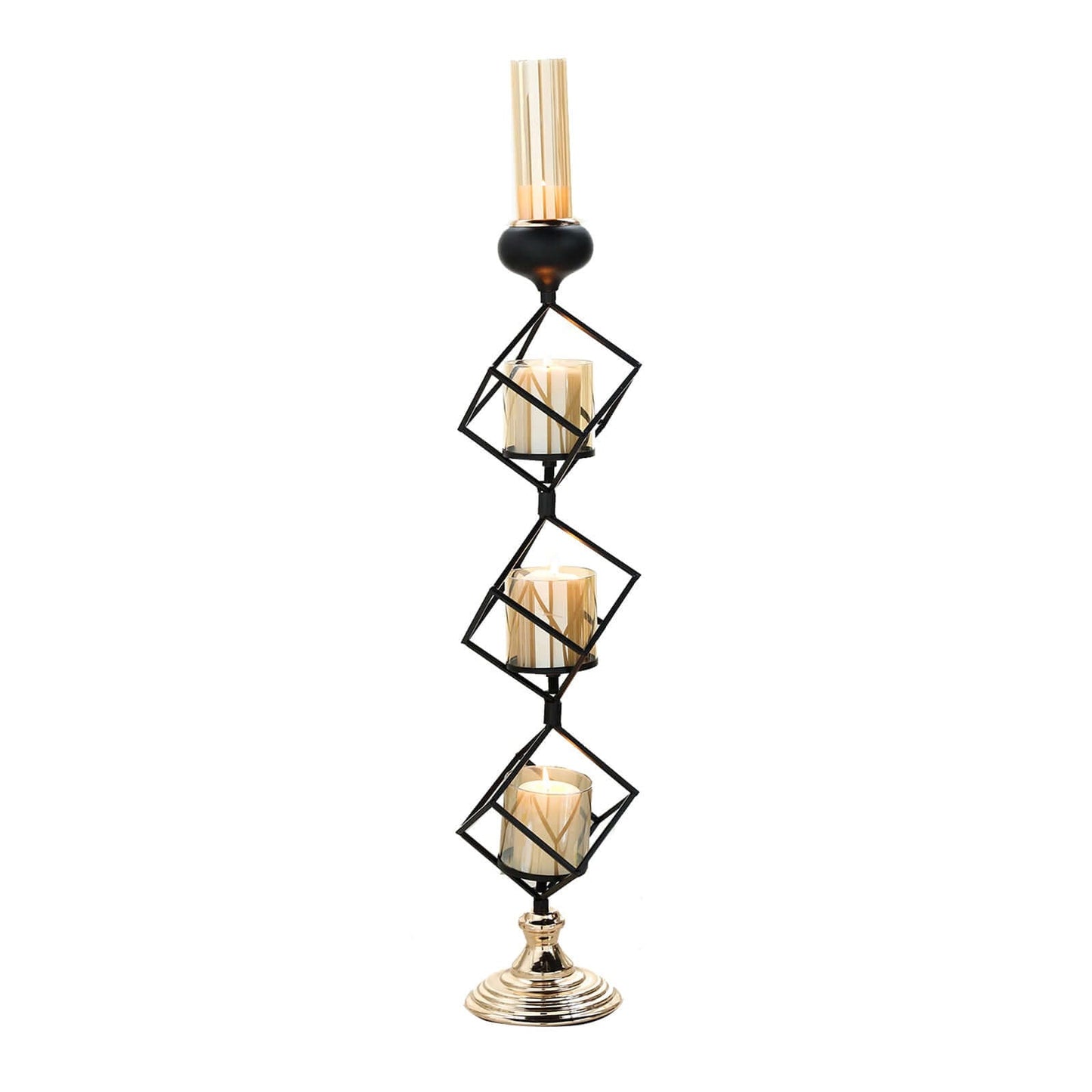 3 - Tier Candle Holder Black Geometric Design with Amber Glass Votives & Gold Trim - Modern Decor for Weddings 28" Tall - Linen Luxes