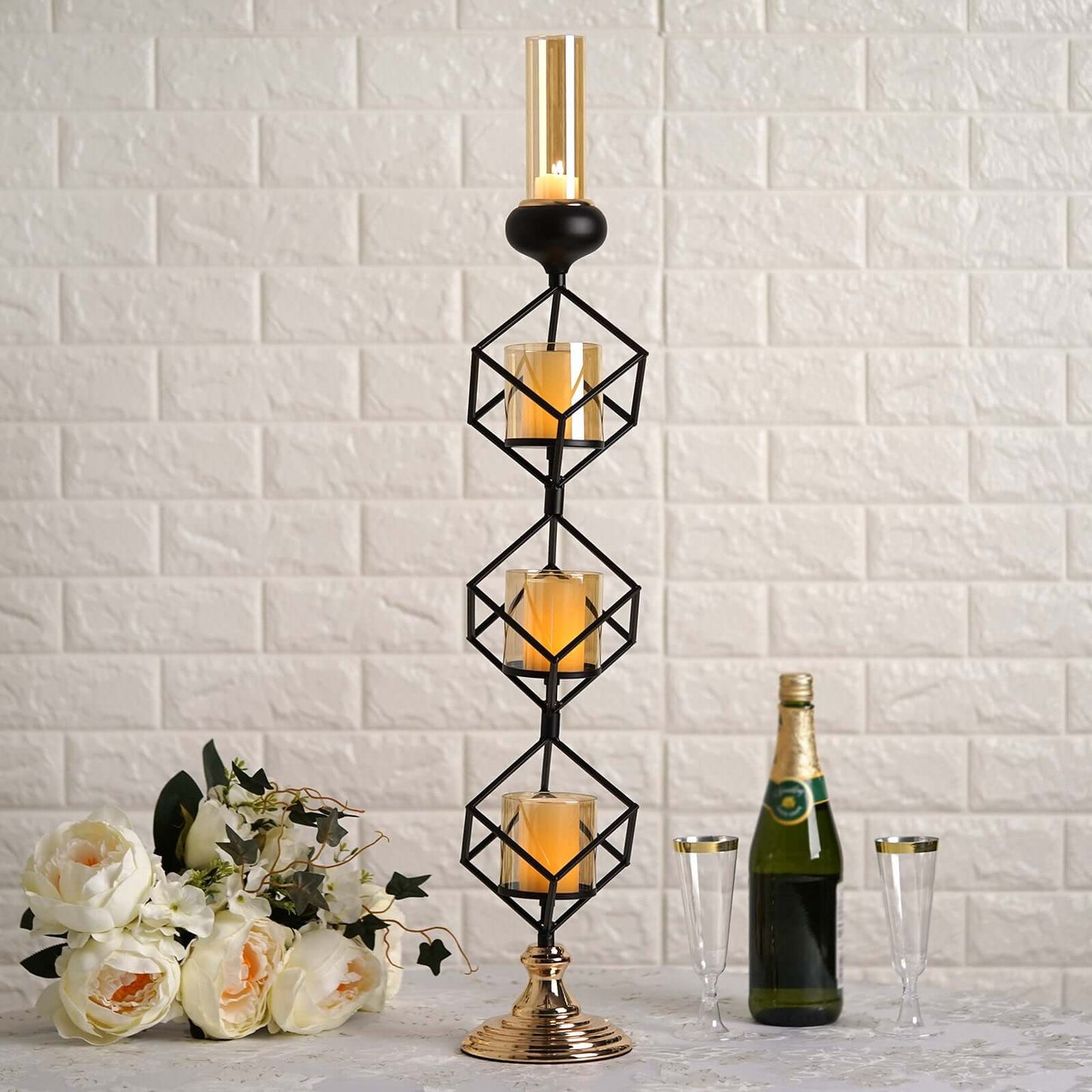 3 - Tier Candle Holder Black Geometric Design with Amber Glass Votives & Gold Trim - Modern Decor for Weddings 28" Tall - Linen Luxes