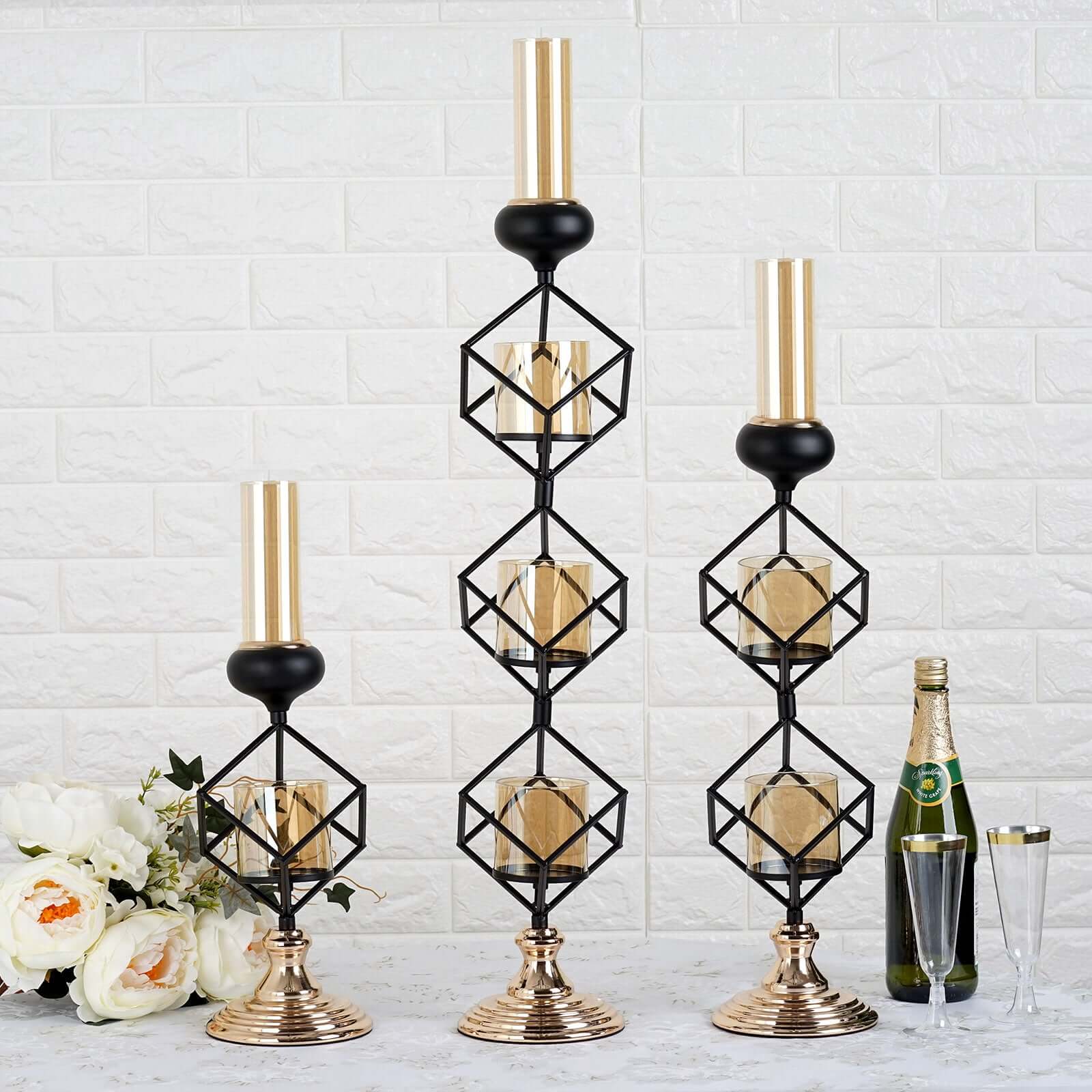3 - Tier Candle Holder Black Geometric Design with Amber Glass Votives & Gold Trim - Modern Decor for Weddings 28" Tall - Linen Luxes