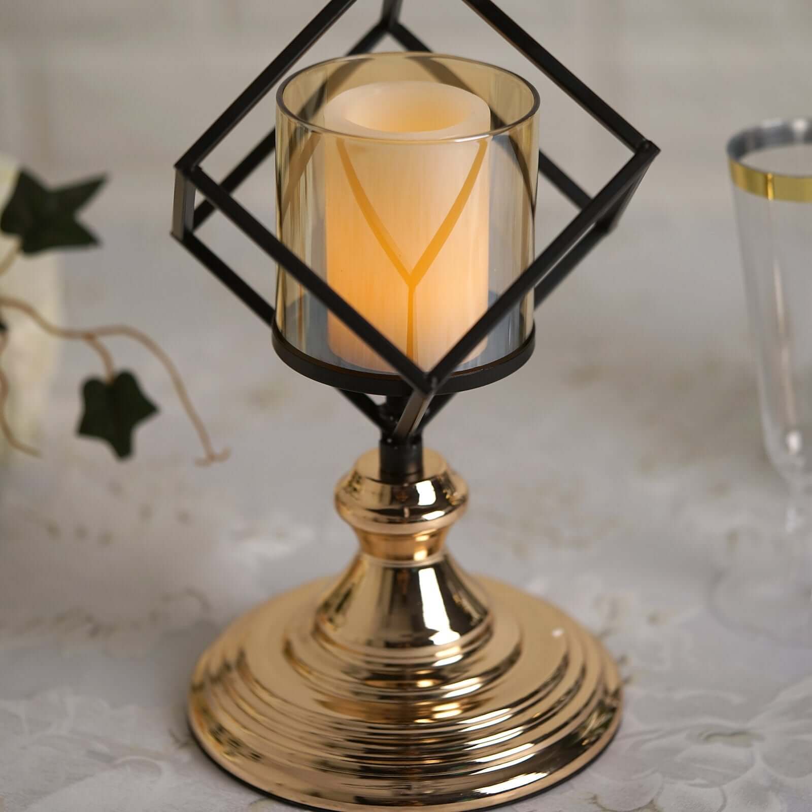 3 - Tier Candle Holder Black Geometric Design with Amber Glass Votives & Gold Trim - Modern Decor for Weddings 28" Tall - Linen Luxes