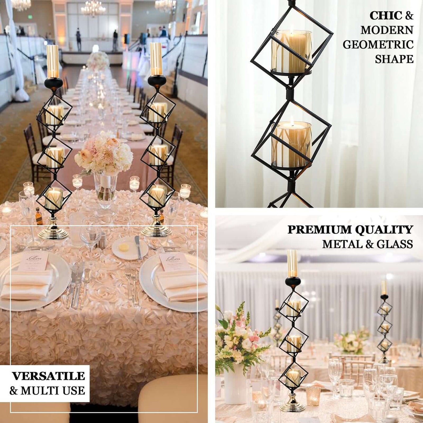 3 - Tier Candle Holder Black Geometric Design with Amber Glass Votives & Gold Trim - Modern Decor for Weddings 28" Tall - Linen Luxes