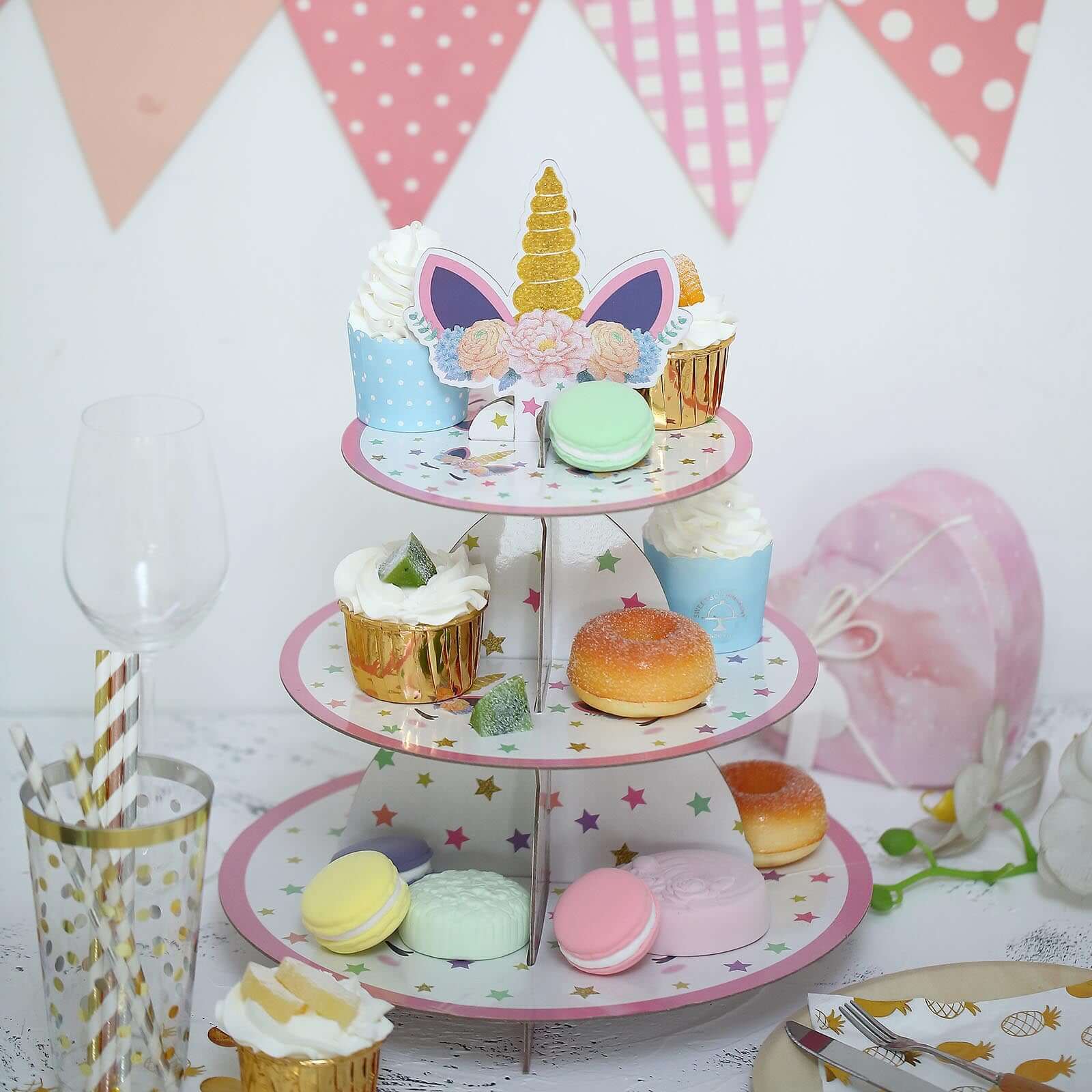 3 - Tier Cardboard Cupcake Dessert Stand - Stable Treat Tower Display Holder for Unicorn Themed Girls Birthday Baby Shower Party Decor 15" - Linen Luxes