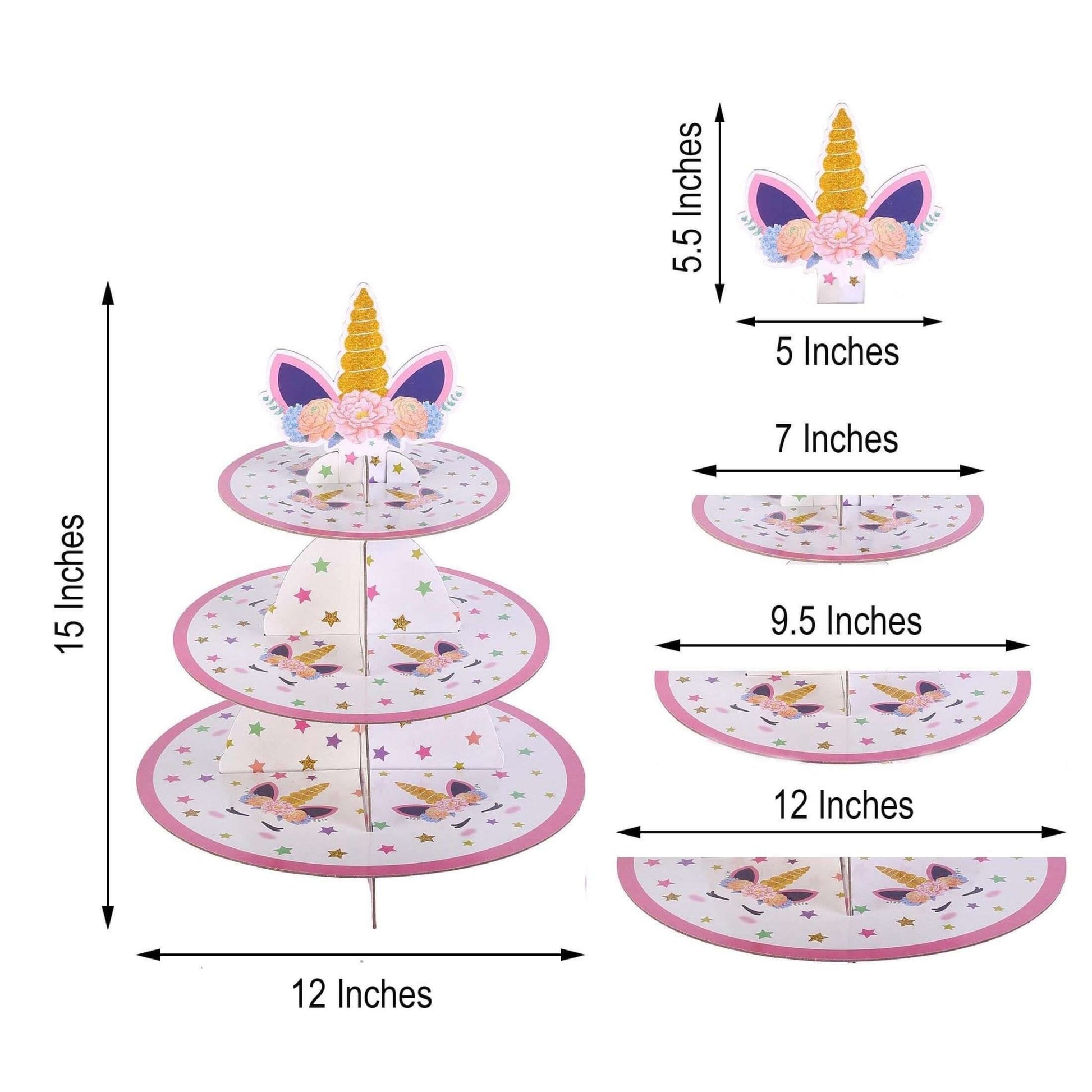 3 - Tier Cardboard Cupcake Dessert Stand - Stable Treat Tower Display Holder for Unicorn Themed Girls Birthday Baby Shower Party Decor 15" - Linen Luxes