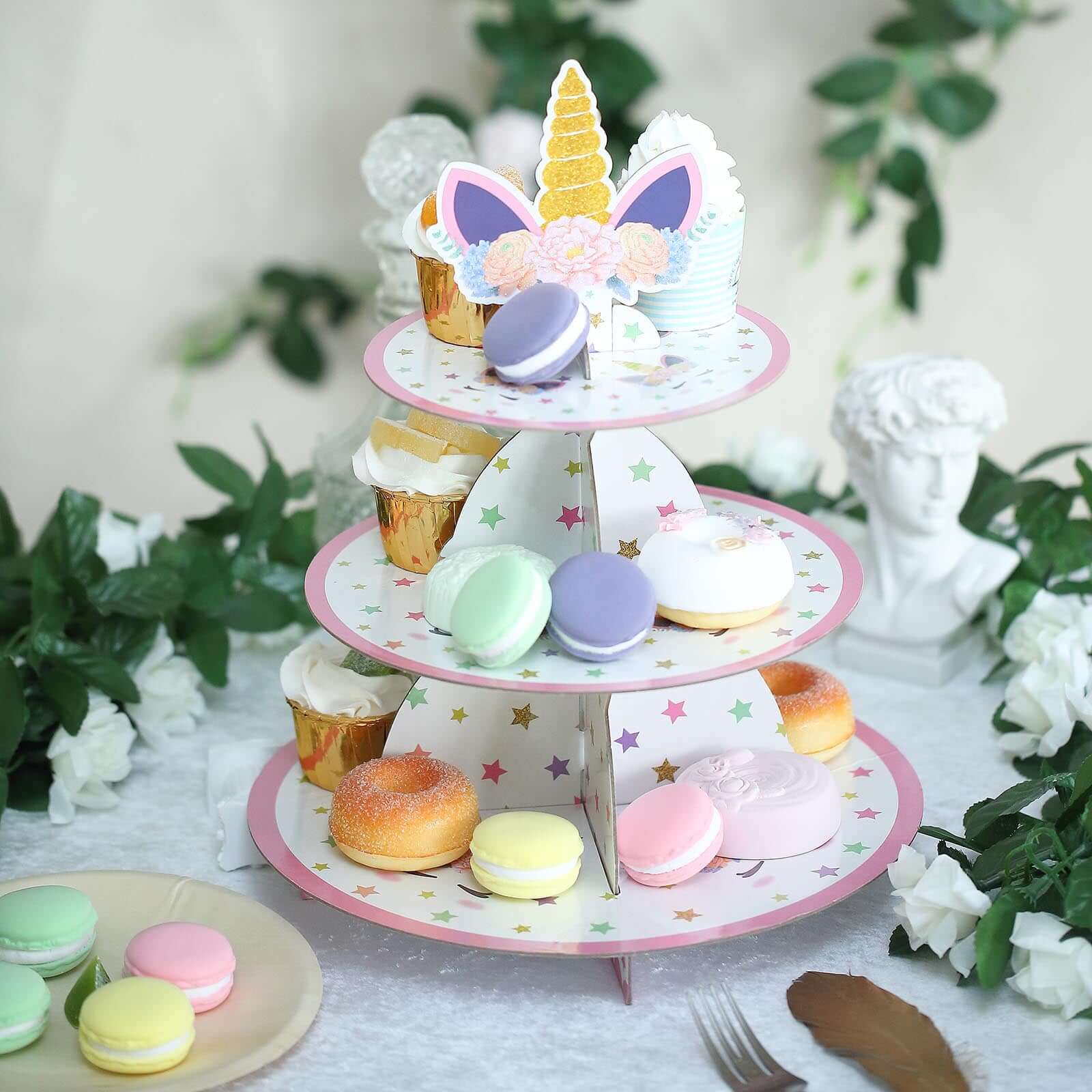 3 - Tier Cardboard Cupcake Dessert Stand - Stable Treat Tower Display Holder for Unicorn Themed Girls Birthday Baby Shower Party Decor 15" - Linen Luxes