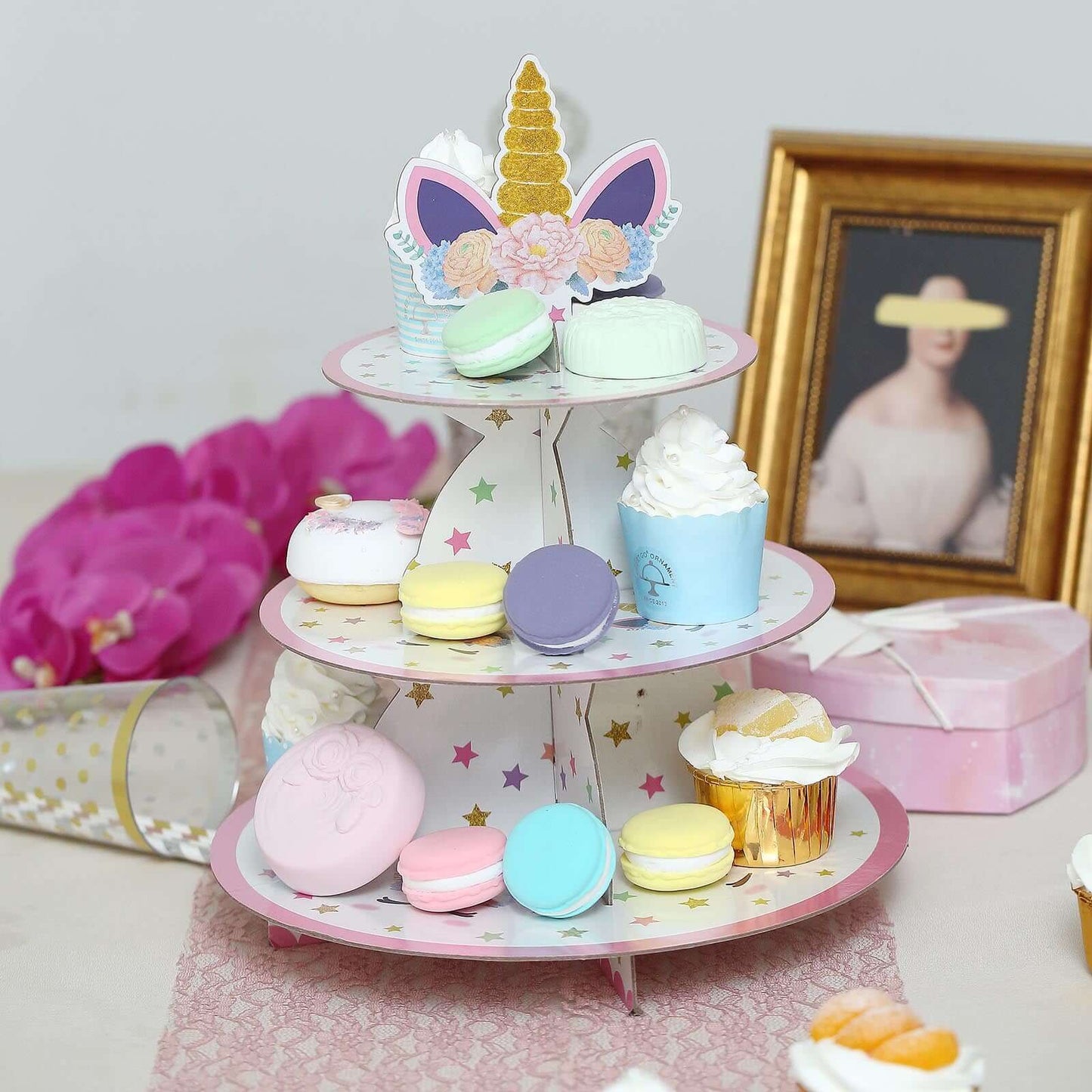 3 - Tier Cardboard Cupcake Dessert Stand - Stable Treat Tower Display Holder for Unicorn Themed Girls Birthday Baby Shower Party Decor 15" - Linen Luxes