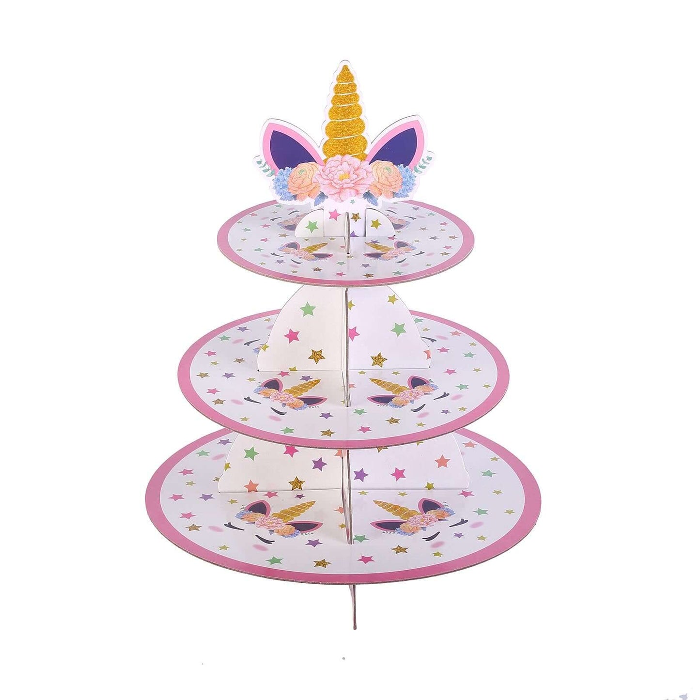 3 - Tier Cardboard Cupcake Dessert Stand - Stable Treat Tower Display Holder for Unicorn Themed Girls Birthday Baby Shower Party Decor 15" - Linen Luxes