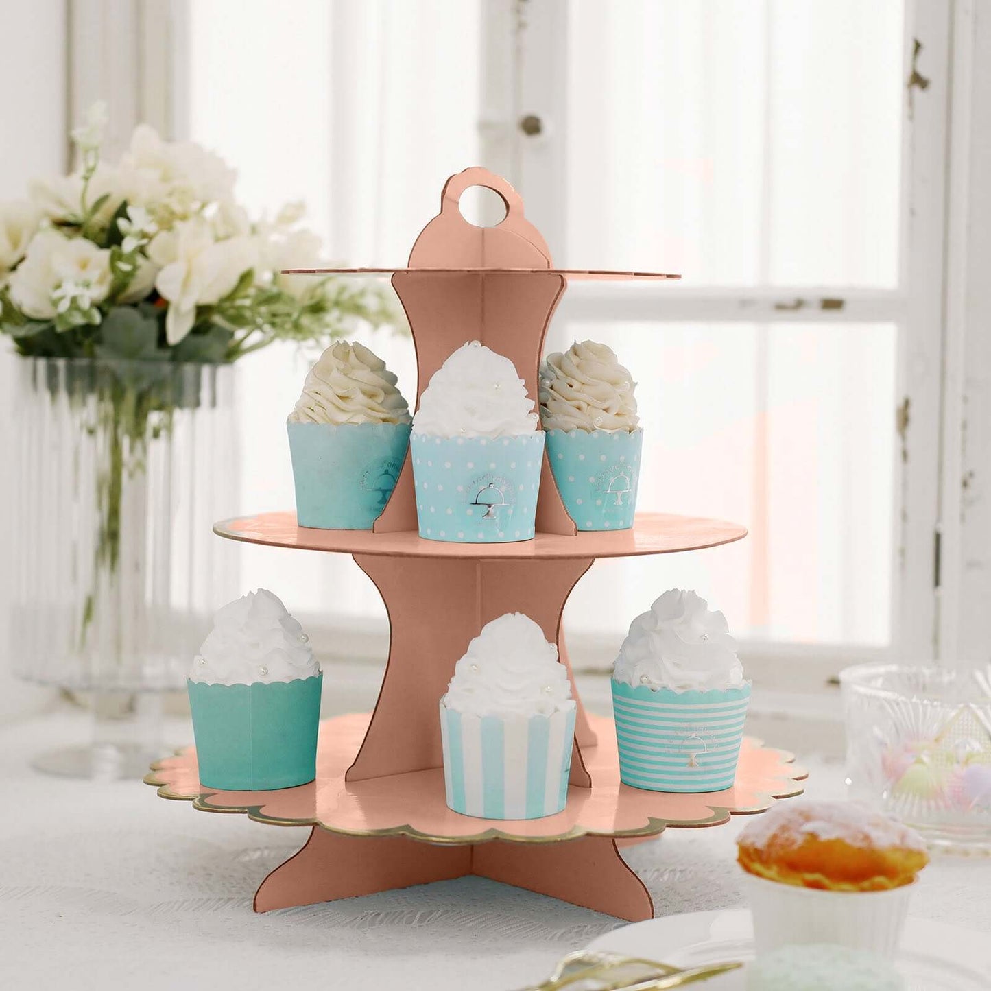 3 - Tier Cardboard Cupcake Stand Blush - Sturdy & Collapsible Dessert Treat Tower with Gold Scalloped Rim for Baby Shower Wedding & Party Decor 13" - Linen Luxes