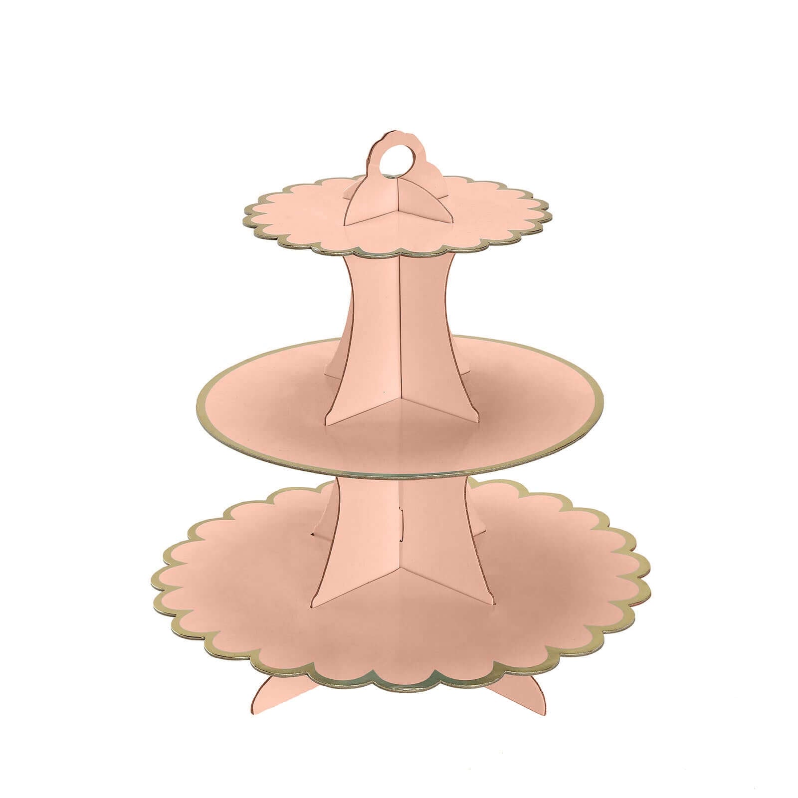 3 - Tier Cardboard Cupcake Stand Blush - Sturdy & Collapsible Dessert Treat Tower with Gold Scalloped Rim for Baby Shower Wedding & Party Decor 13" - Linen Luxes