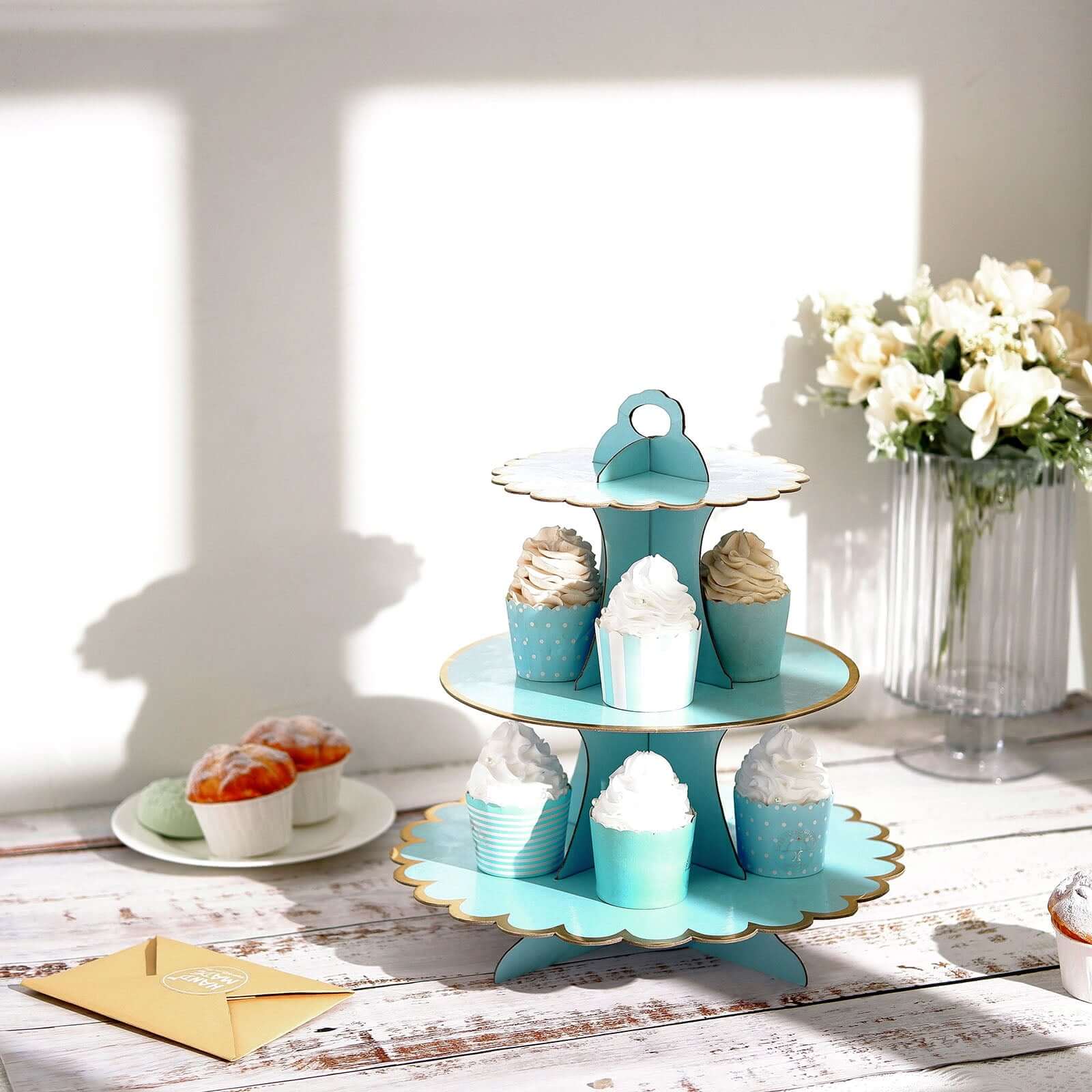 3 - Tier Cardboard Cupcake Stand Light Blue - Sturdy & Collapsible Dessert Treat Tower with Gold Scalloped Rim for Baby Shower Wedding & Party Decor 13" - Linen Luxes