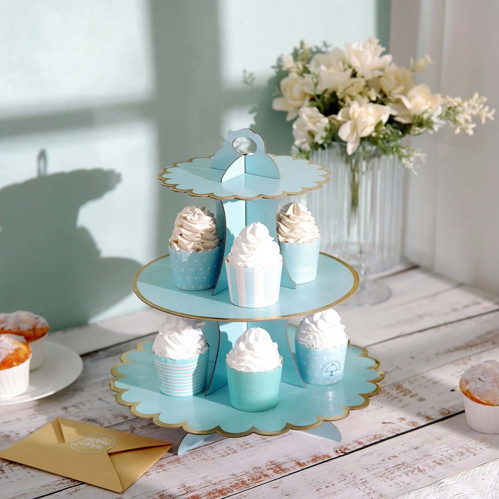 3 - Tier Cardboard Cupcake Stand Light Blue - Sturdy & Collapsible Dessert Treat Tower with Gold Scalloped Rim for Baby Shower Wedding & Party Decor 13" - Linen Luxes