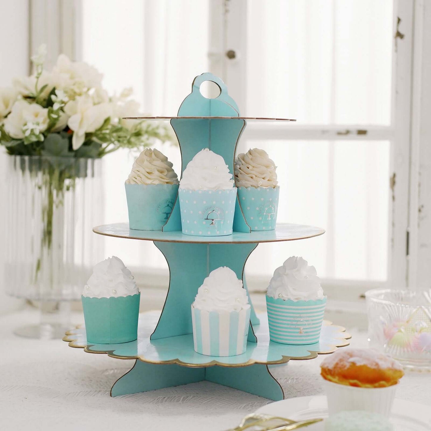 3 - Tier Cardboard Cupcake Stand Light Blue - Sturdy & Collapsible Dessert Treat Tower with Gold Scalloped Rim for Baby Shower Wedding & Party Decor 13" - Linen Luxes