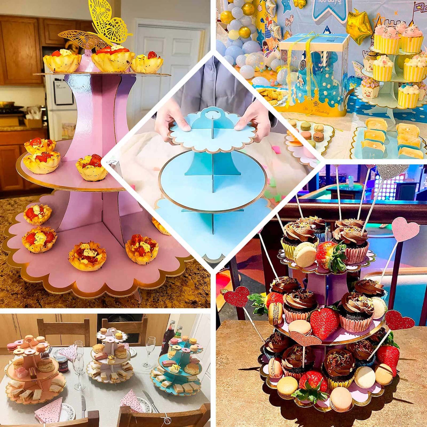 3 - Tier Cardboard Cupcake Stand Light Blue - Sturdy & Collapsible Dessert Treat Tower with Gold Scalloped Rim for Baby Shower Wedding & Party Decor 13" - Linen Luxes