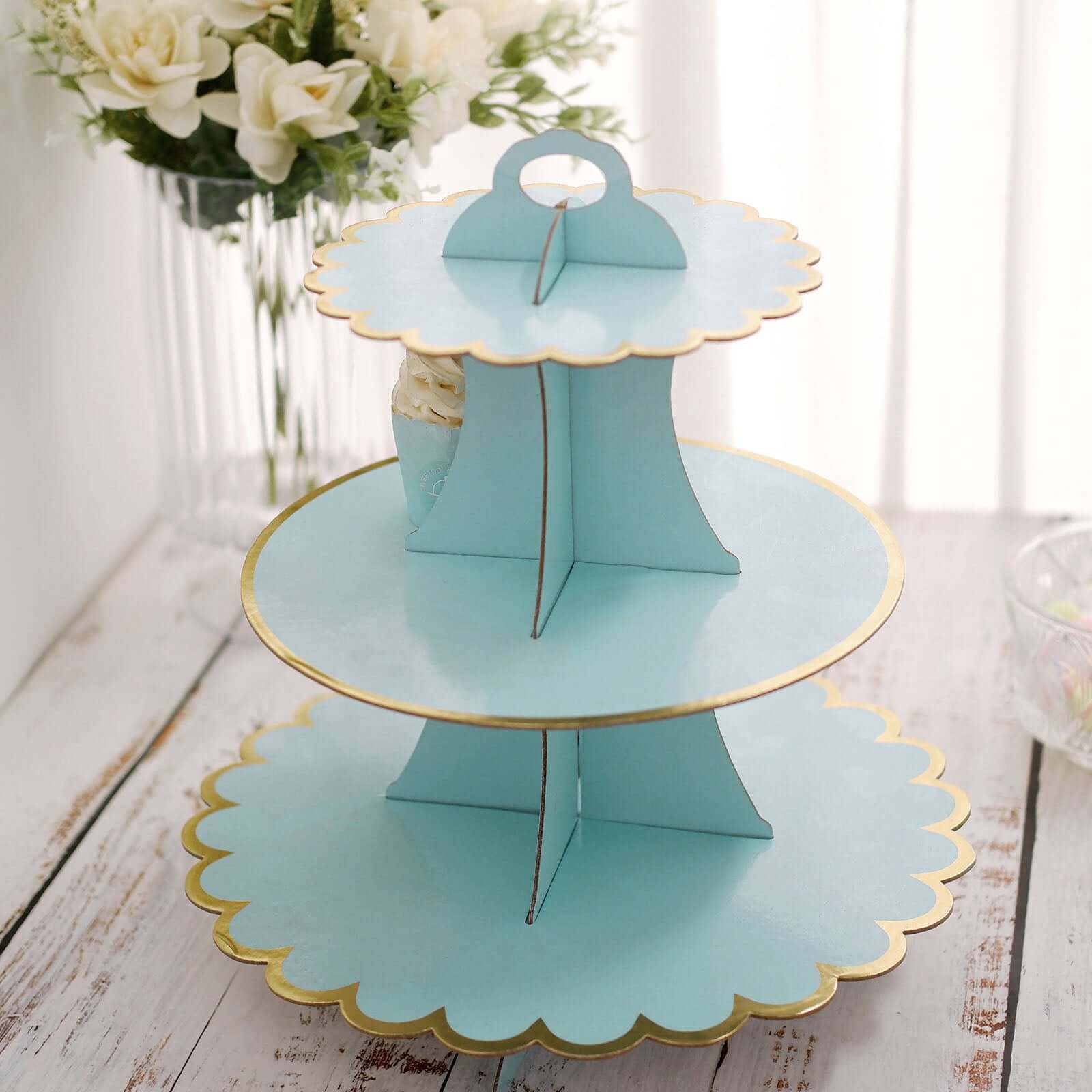 3 - Tier Cardboard Cupcake Stand Light Blue - Sturdy & Collapsible Dessert Treat Tower with Gold Scalloped Rim for Baby Shower Wedding & Party Decor 13" - Linen Luxes