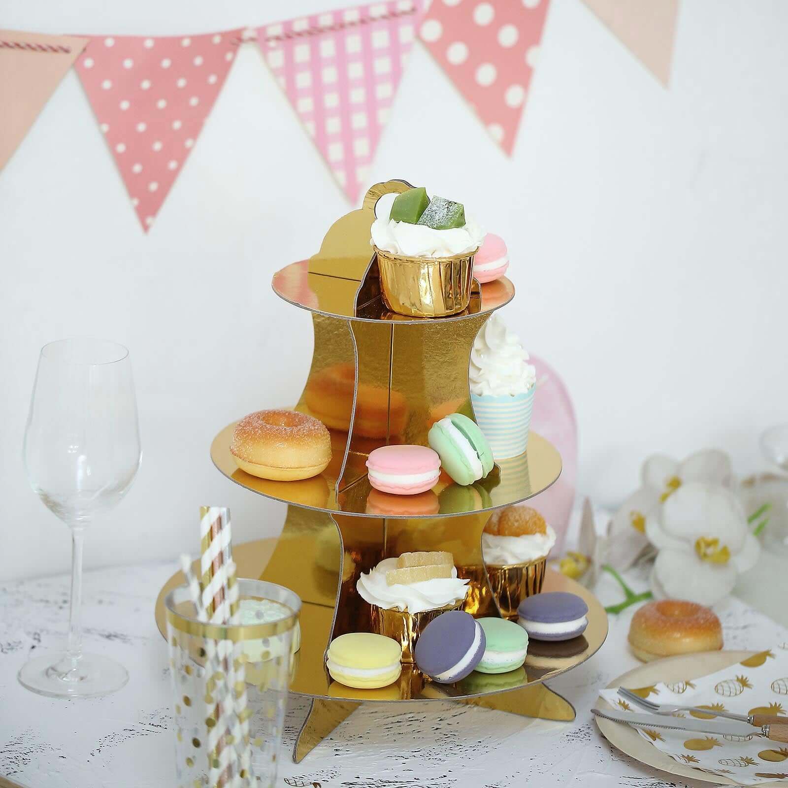 3 - Tier Cardboard Cupcake Stand Metallic Gold - Reusable Dessert Table Display Tower for Classy Birthday Wedding Party Decoration 14" - Linen Luxes