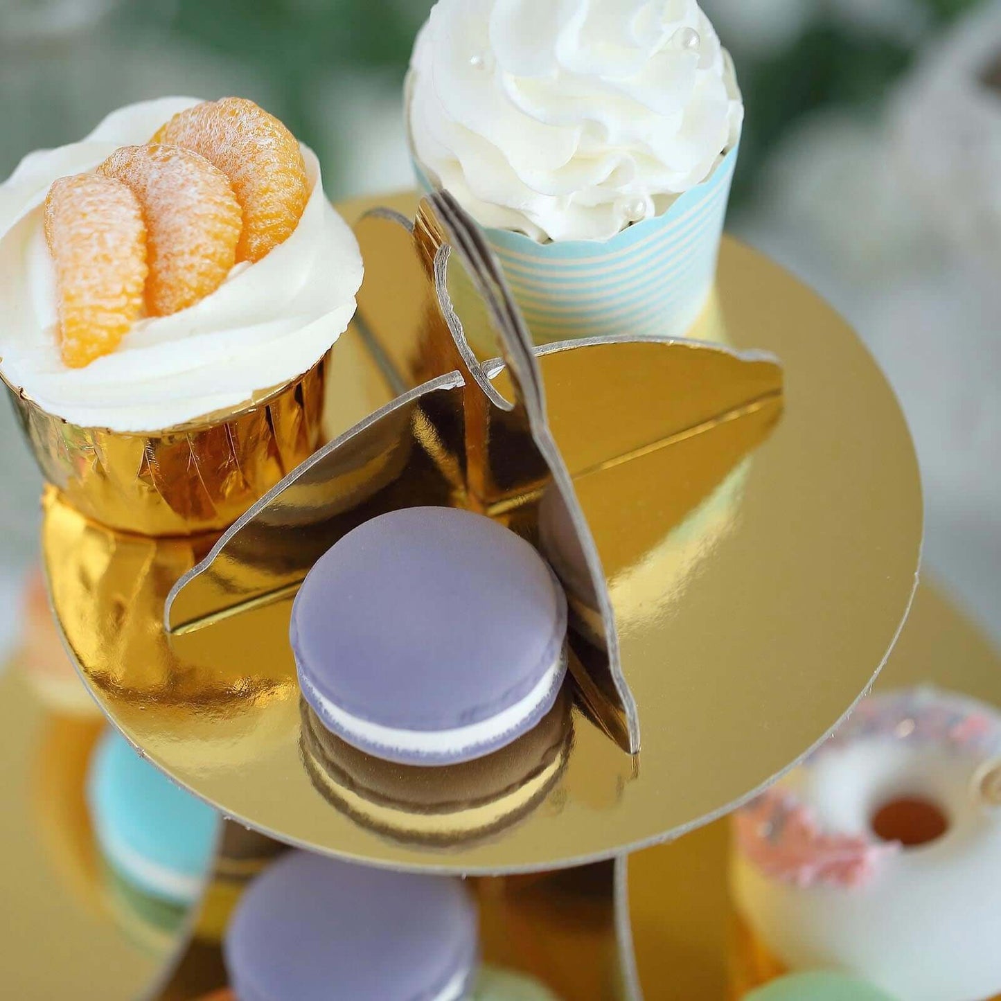 3 - Tier Cardboard Cupcake Stand Metallic Gold - Reusable Dessert Table Display Tower for Classy Birthday Wedding Party Decoration 14" - Linen Luxes