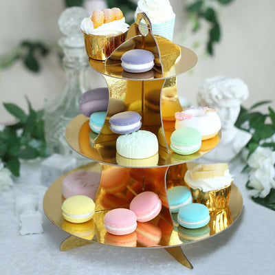 3 - Tier Cardboard Cupcake Stand Metallic Gold - Reusable Dessert Table Display Tower for Classy Birthday Wedding Party Decoration 14" - Linen Luxes