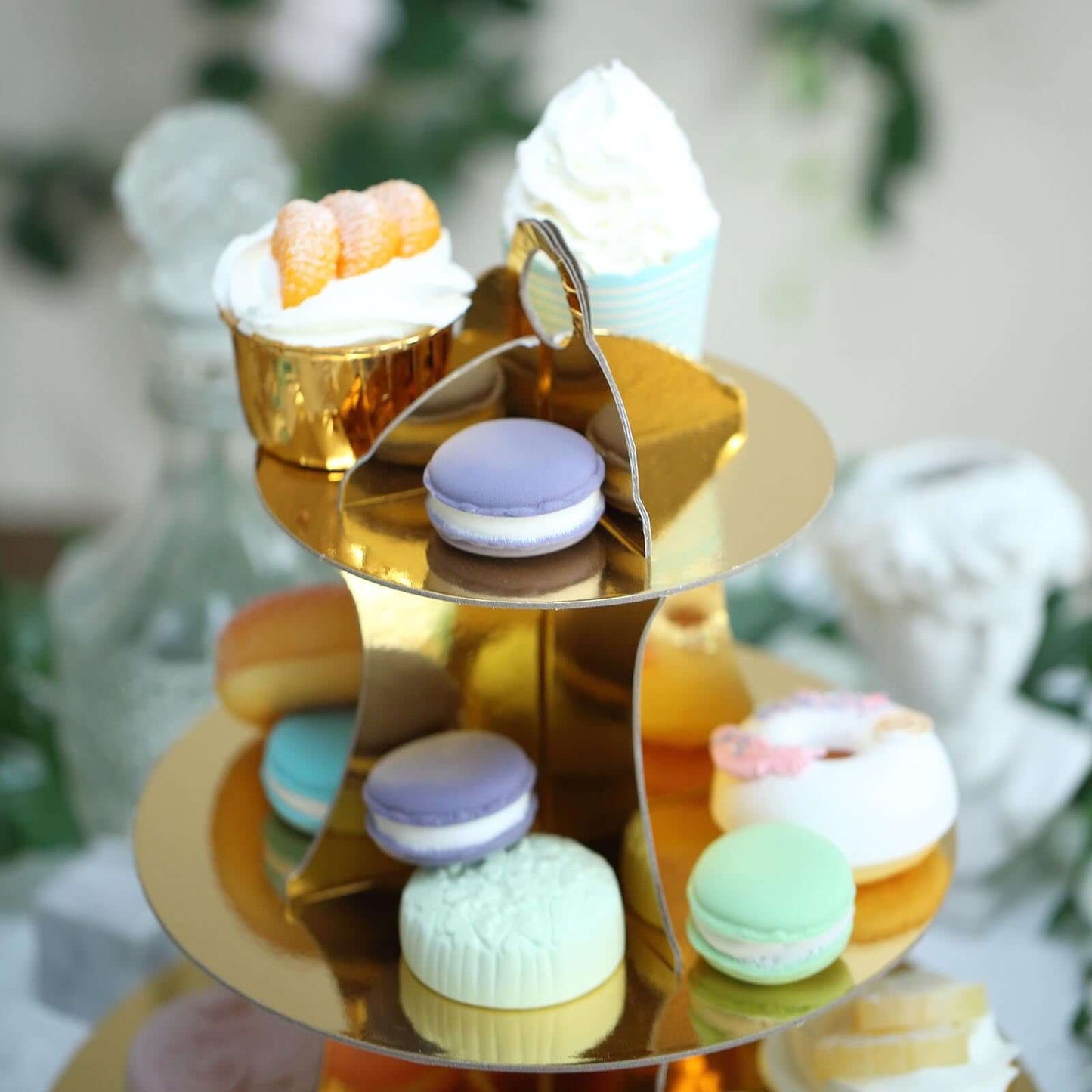 3 - Tier Cardboard Cupcake Stand Metallic Gold - Reusable Dessert Table Display Tower for Classy Birthday Wedding Party Decoration 14" - Linen Luxes