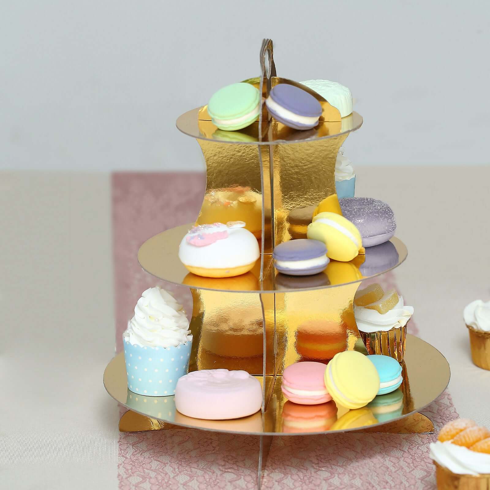 3 - Tier Cardboard Cupcake Stand Metallic Gold - Reusable Dessert Table Display Tower for Classy Birthday Wedding Party Decoration 14" - Linen Luxes