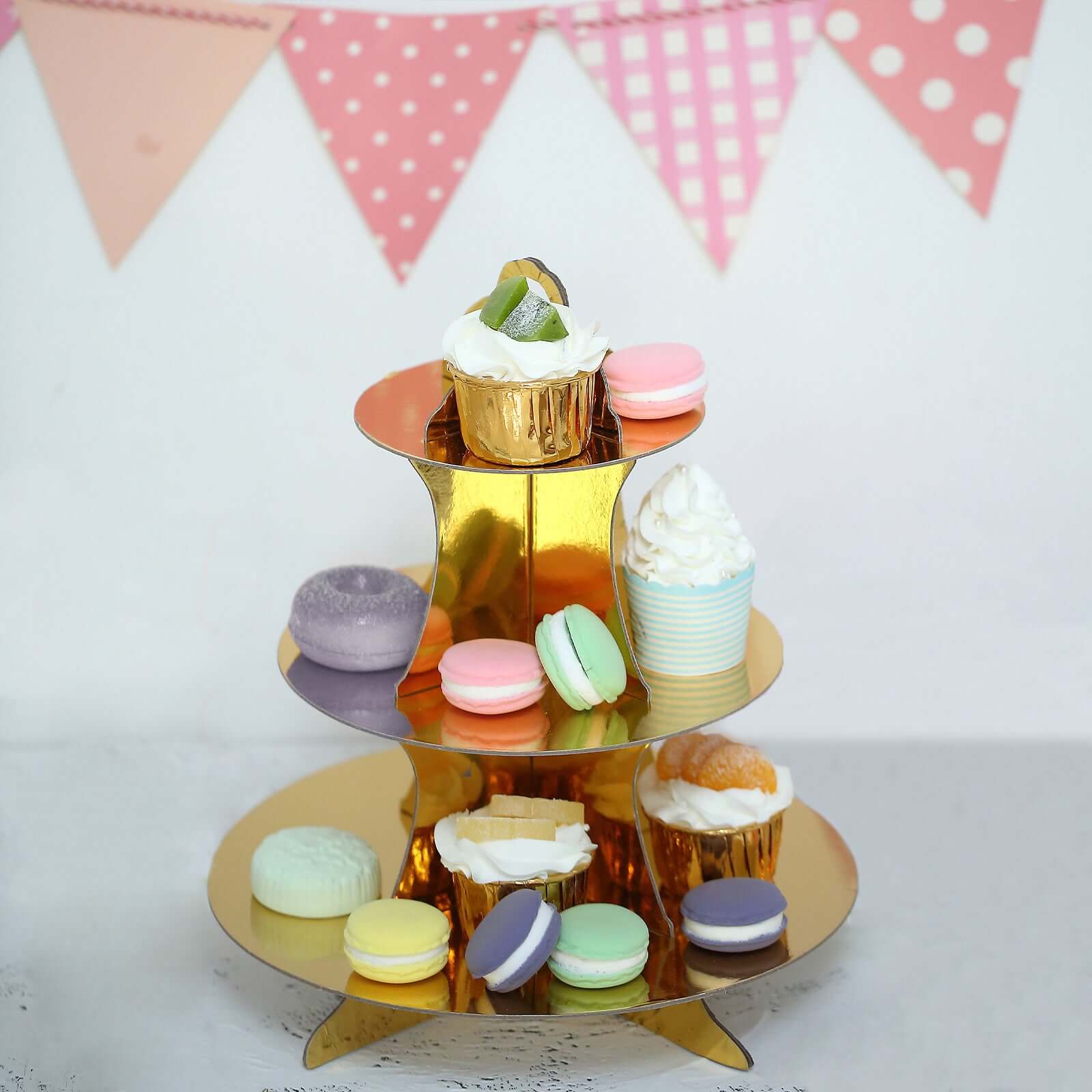 3 - Tier Cardboard Cupcake Stand Metallic Gold - Reusable Dessert Table Display Tower for Classy Birthday Wedding Party Decoration 14" - Linen Luxes