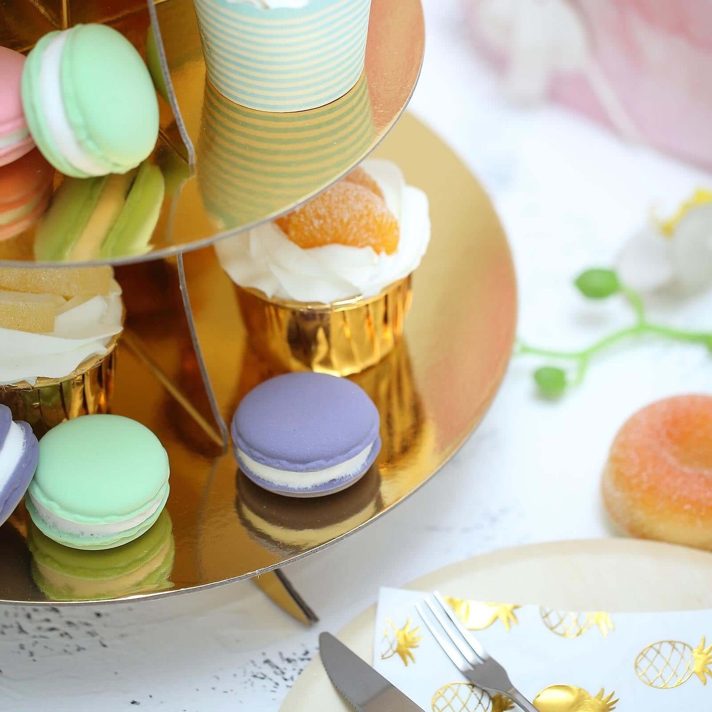 3 - Tier Cardboard Cupcake Stand Metallic Gold - Reusable Dessert Table Display Tower for Classy Birthday Wedding Party Decoration 14" - Linen Luxes