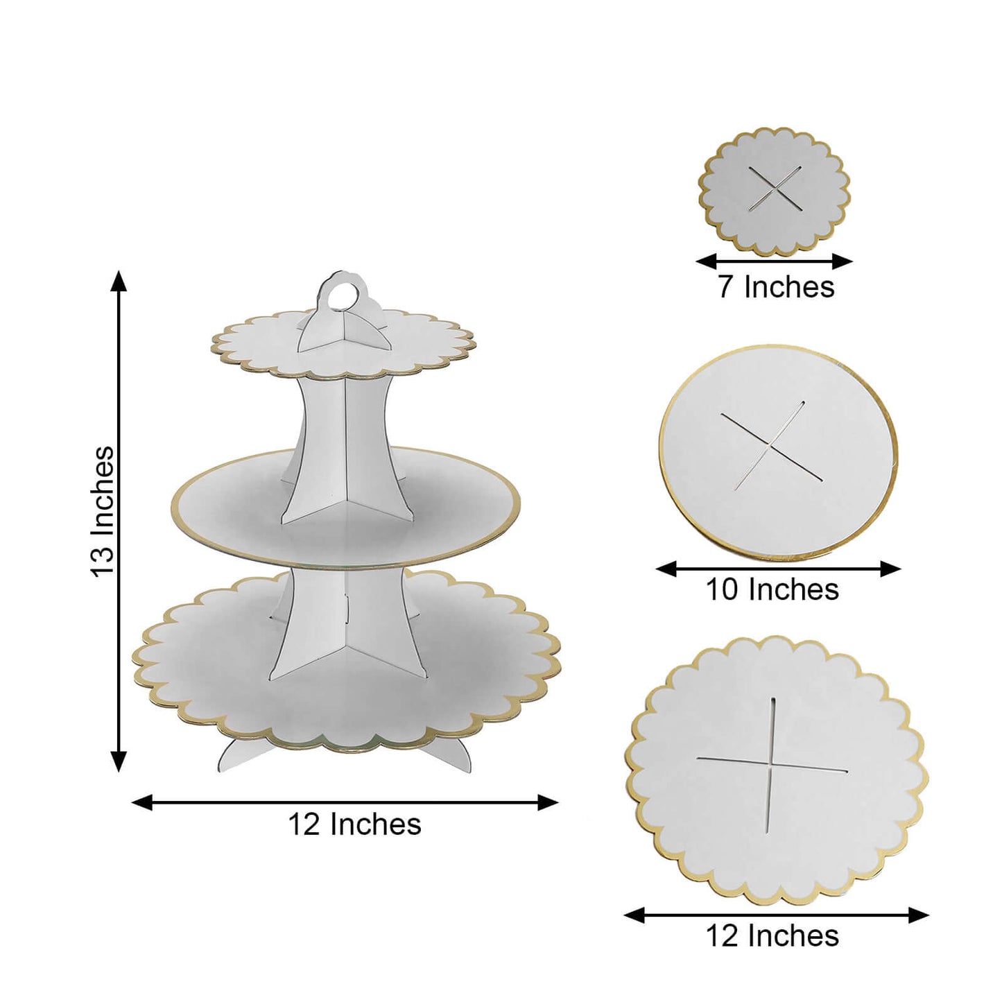 3 - Tier Cardboard Cupcake Stand White - Sturdy & Collapsible Dessert Treat Tower with Gold Scalloped Rim for Baby Shower Wedding & Party Decor 13" - Linen Luxes