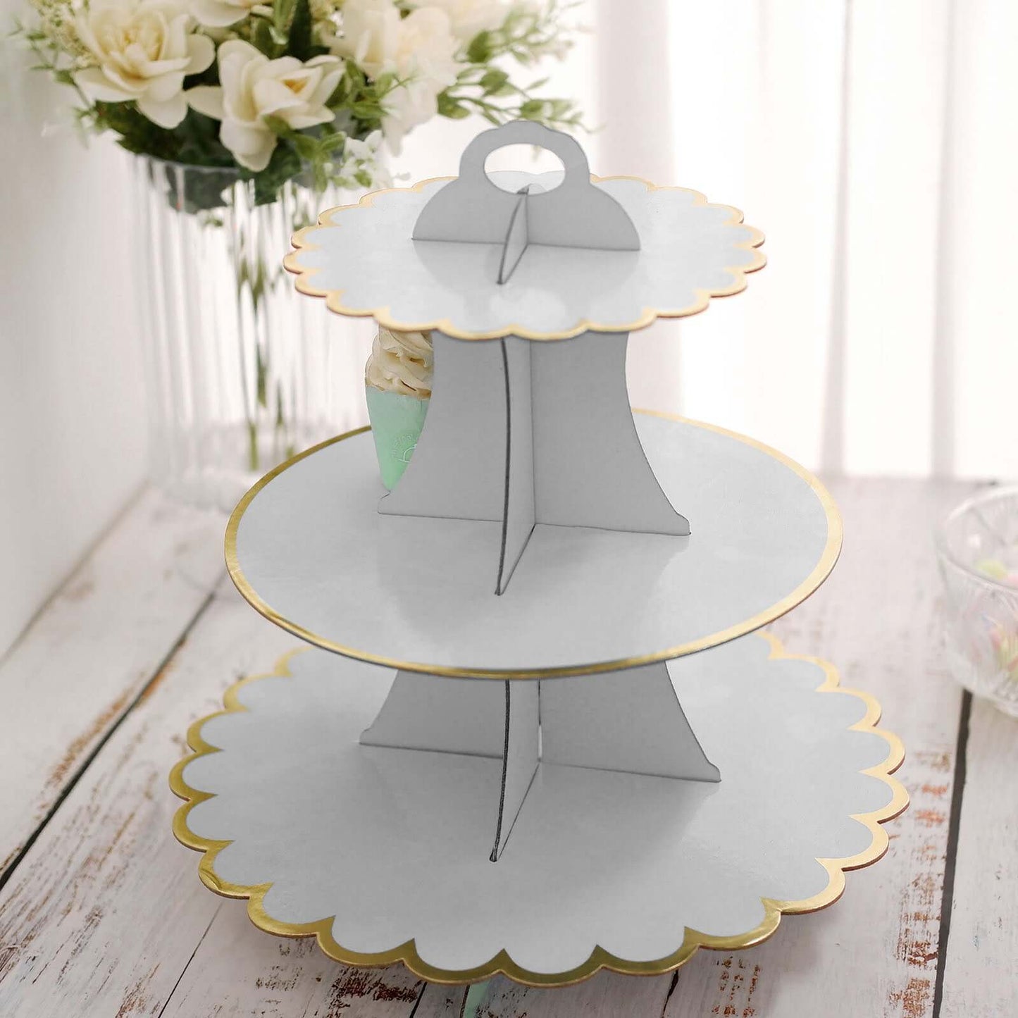 3 - Tier Cardboard Cupcake Stand White - Sturdy & Collapsible Dessert Treat Tower with Gold Scalloped Rim for Baby Shower Wedding & Party Decor 13" - Linen Luxes