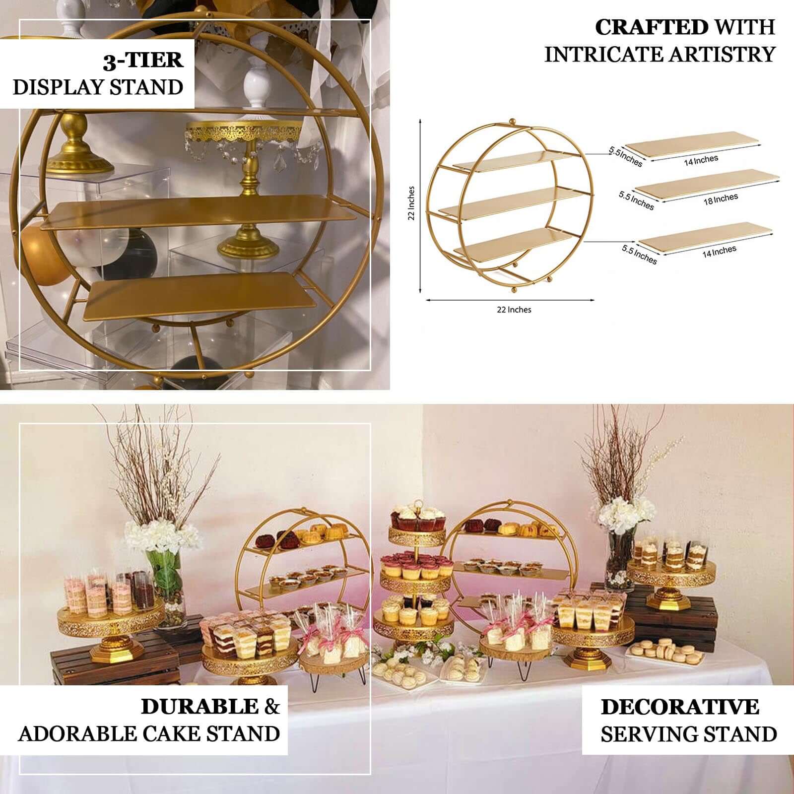 3 - Tier Metal Round Cupcake Stand Matte Gold - Stylish Dessert Holder Appetizer Display for Modern Weddings Dessert Buffets & Celebrations 21" - Linen Luxes