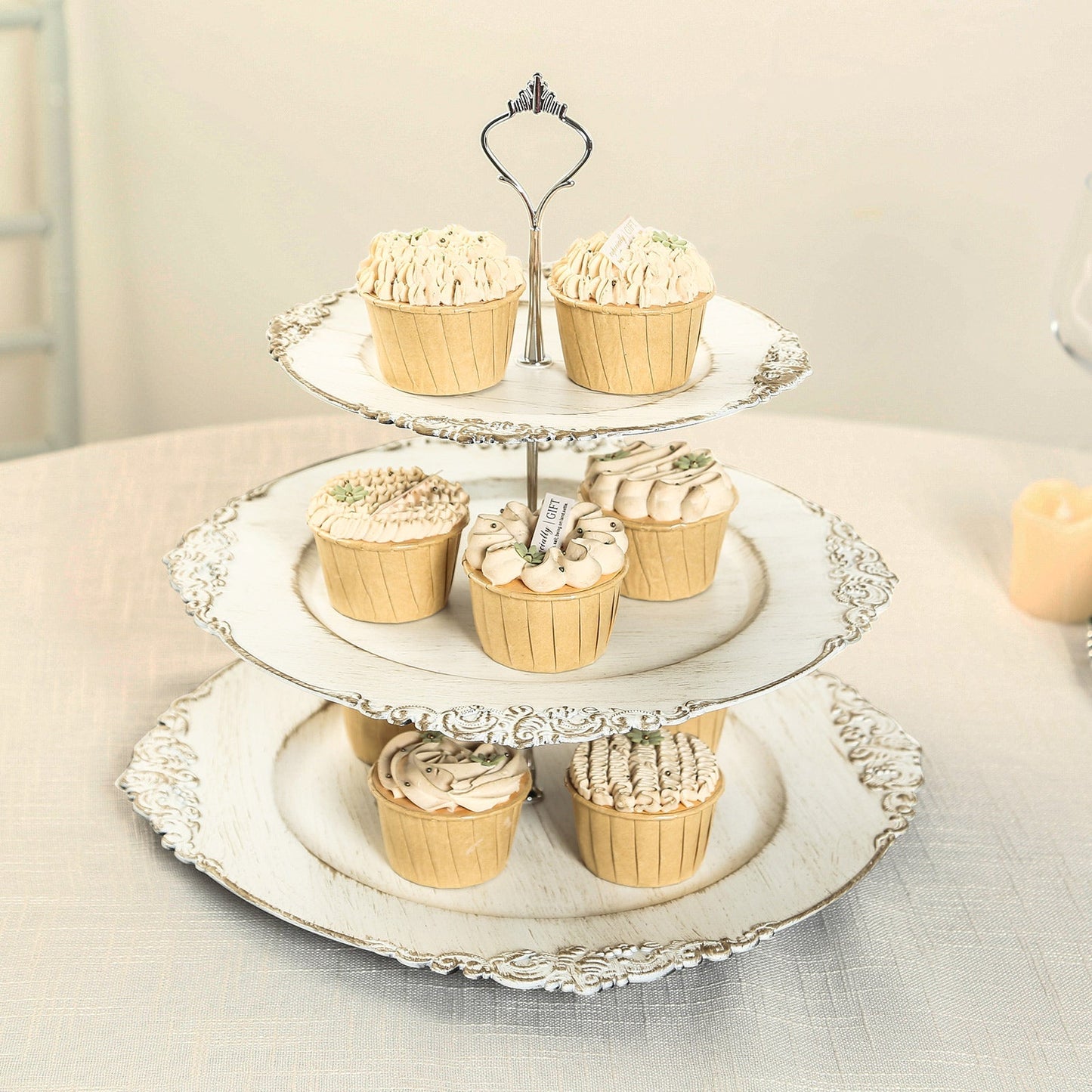 3-Tier Plastic Round Cupcake Stand Whitewashed with Antique Gold Baroque Rim & Top Handle 13"