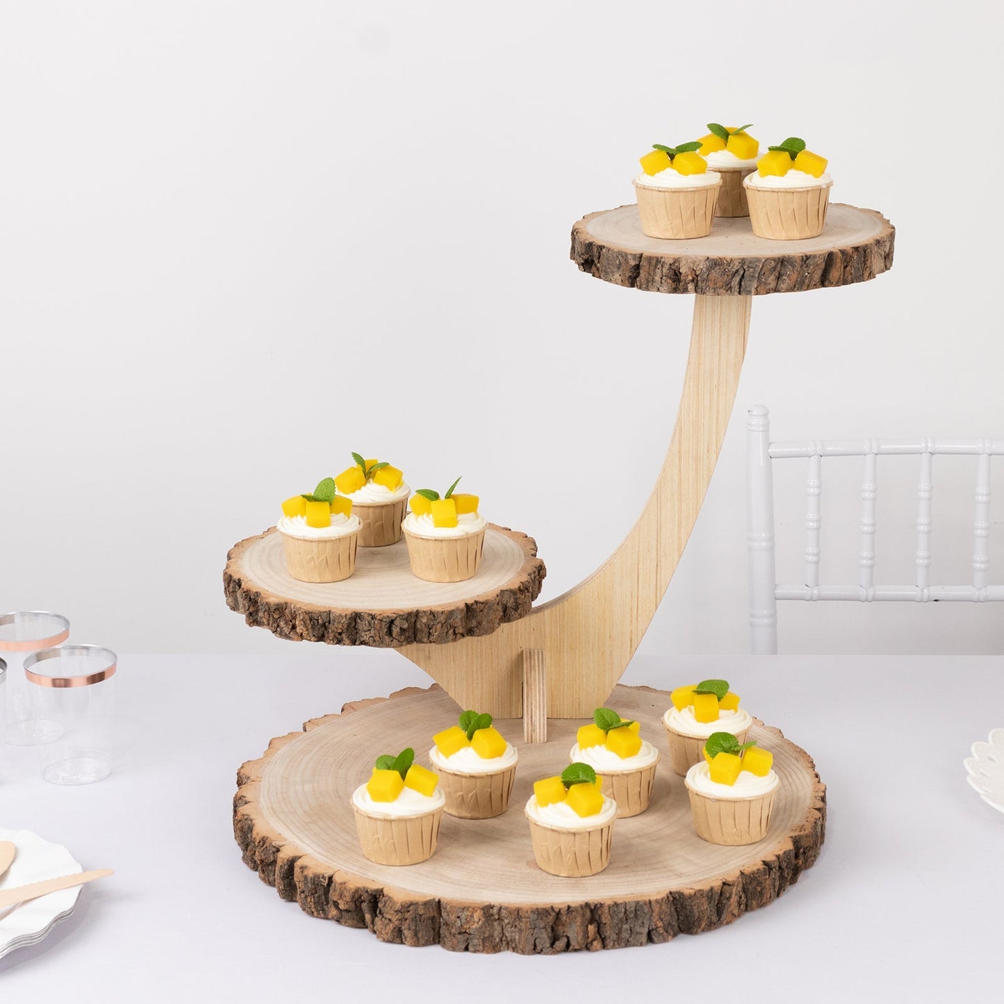 3-Tier Wooden Cupcake Stand Rustic Natural Wood Slice with Tree Branch Style - Farmhouse Dessert Display Cake Holder 17"