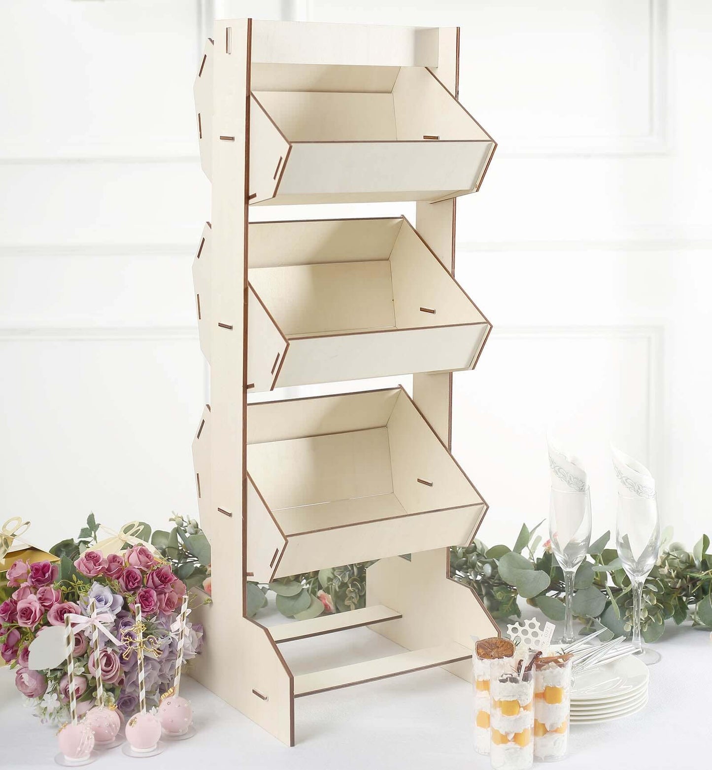 3-Tier Wooden Display Rack Basket Floor Standing Design Natural - Rustic Tabletop Cupcake Dessert Shelf Holder 33"